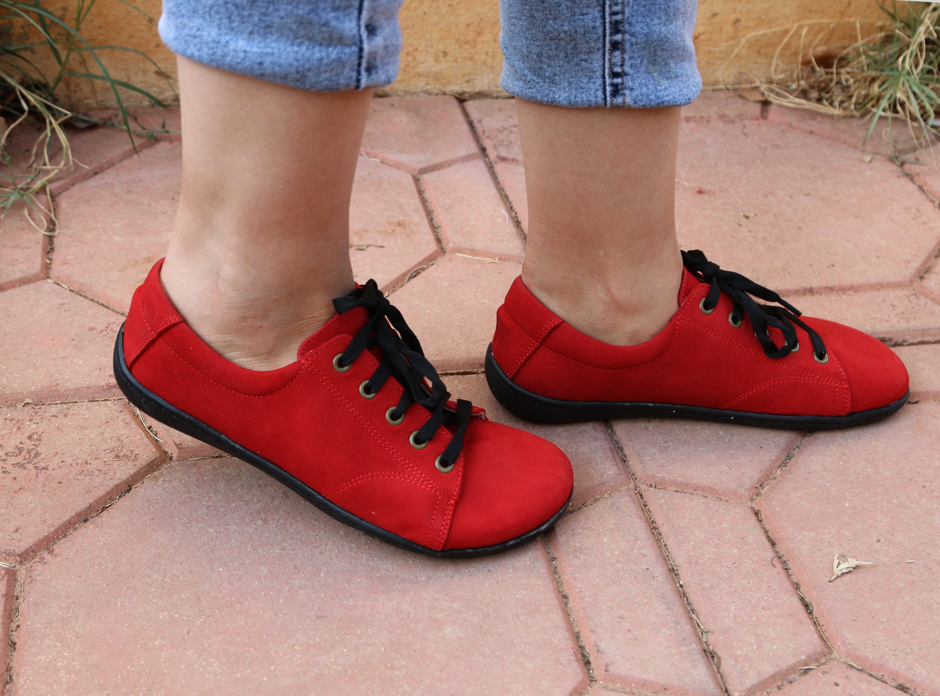 Red SNEAKER Wide Barefoot Shoes Nubuck Leather Handmade 6mm Rubber Outsole