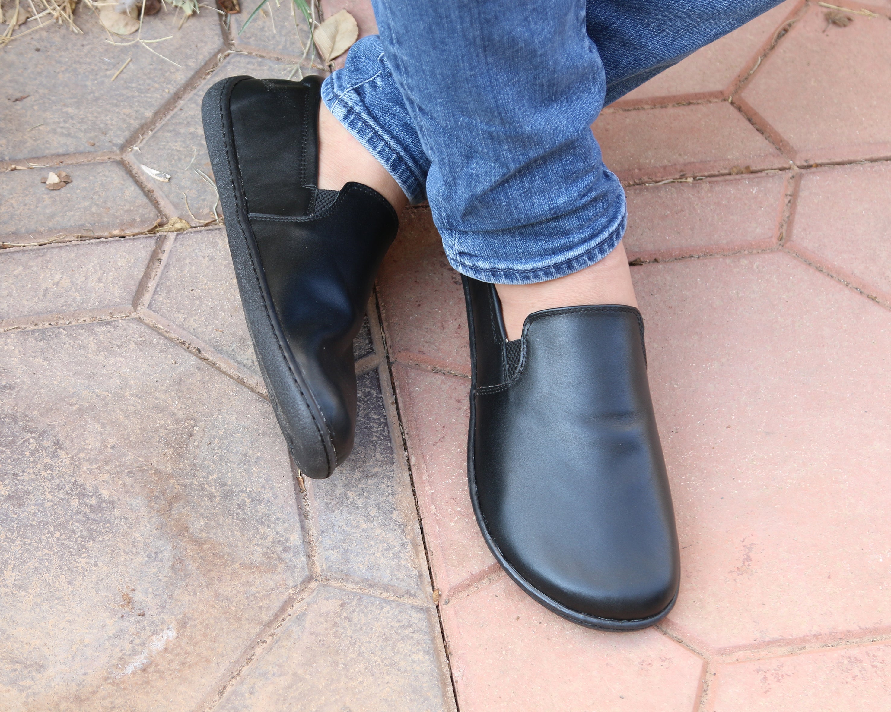 Black Slip-On Wide Barefoot Shoes Smooth Leather Handmade 6mm Rubber Outsole Slip-On Rubber Outsole