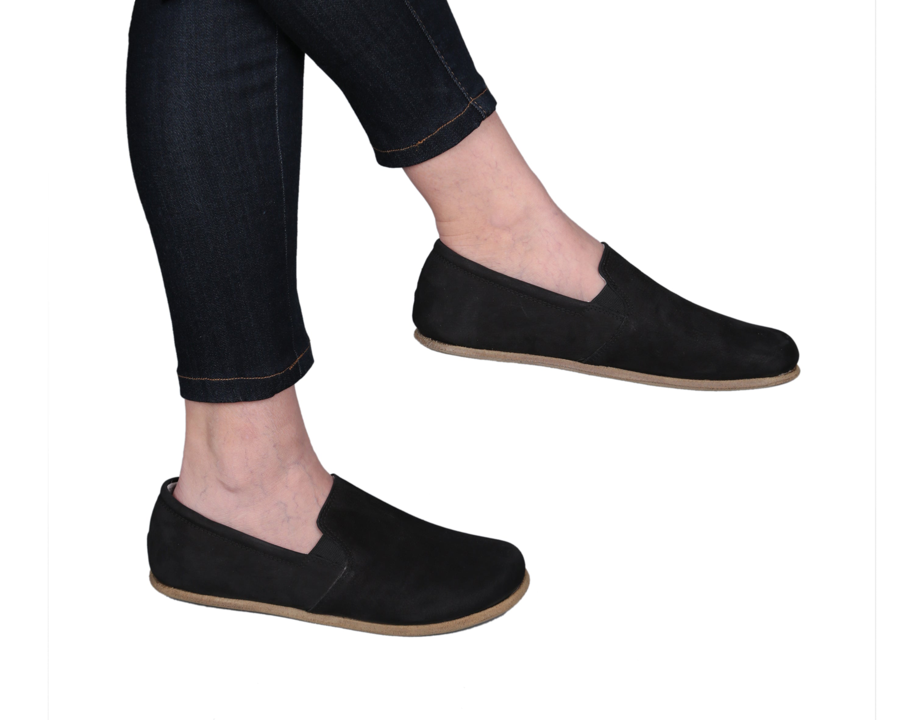 Black Slip-On Wide Barefoot Nubuck Leather Handmade Classic Shoes Slip-On Leather Outsole