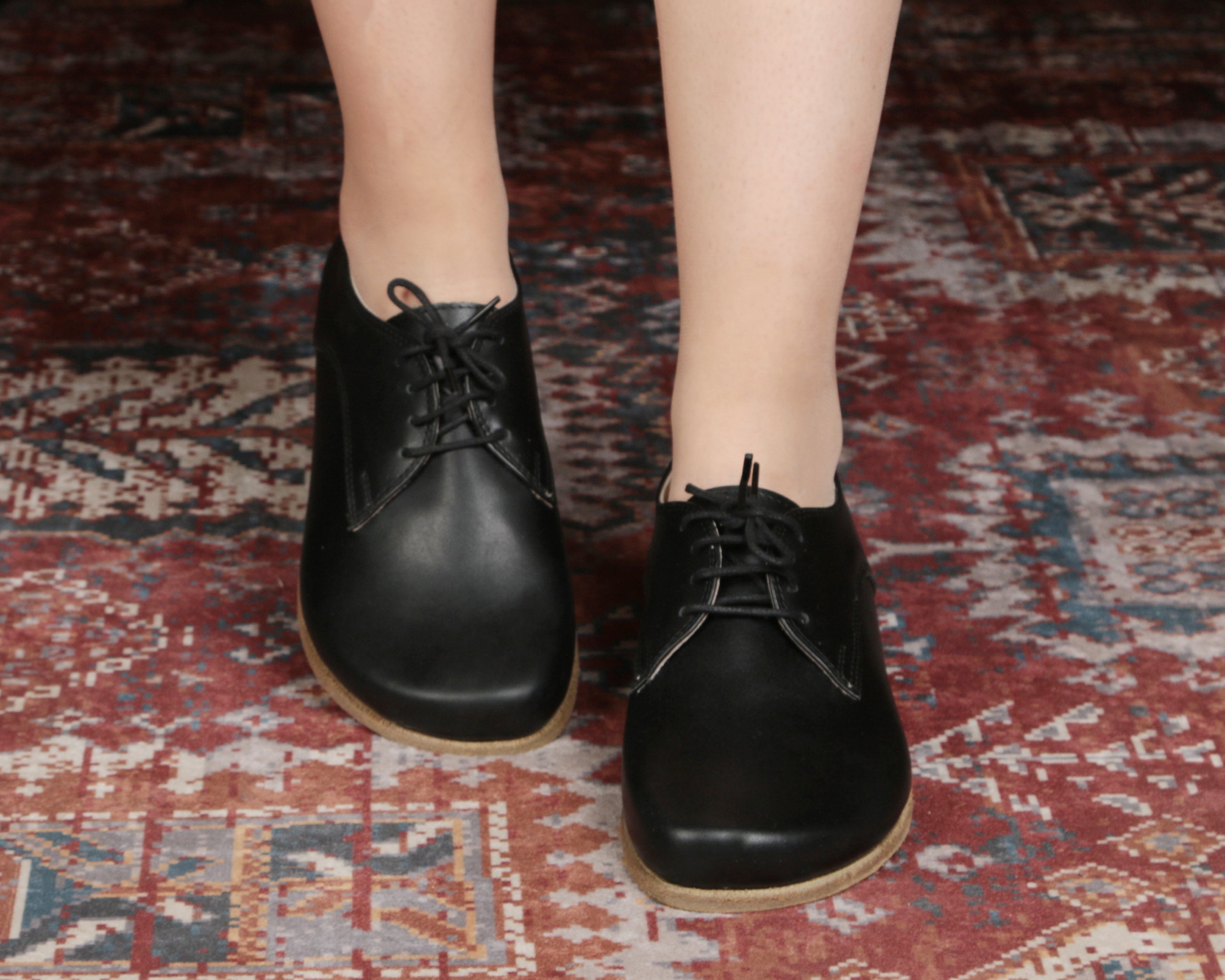 Black Oxford Wide Barefoot Smooth Leather Handmade Classic Shoes Oxford Leather Outsole