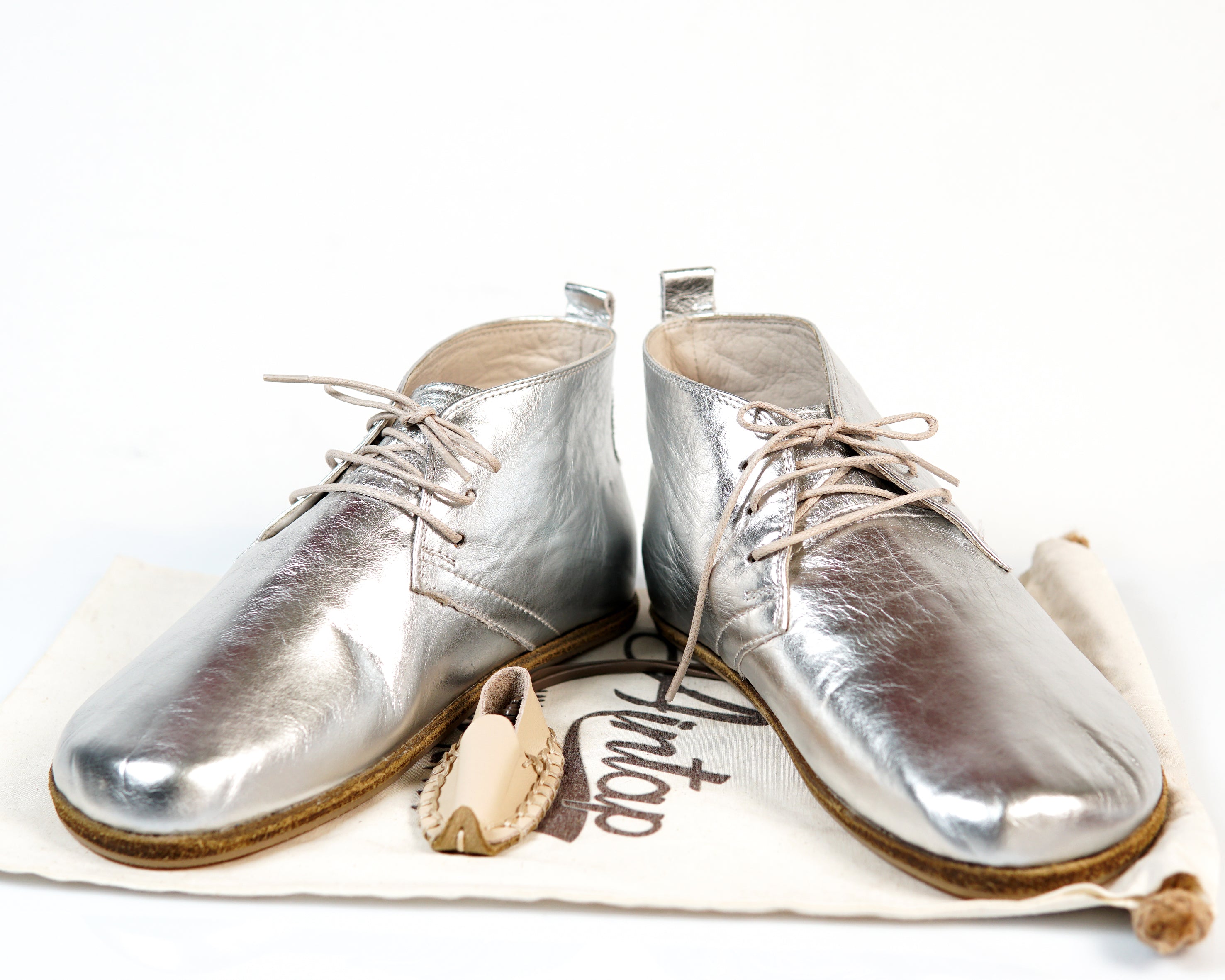 Silver Ankle Boots Wide Barefoot Smooth Leather Handmade Shoes