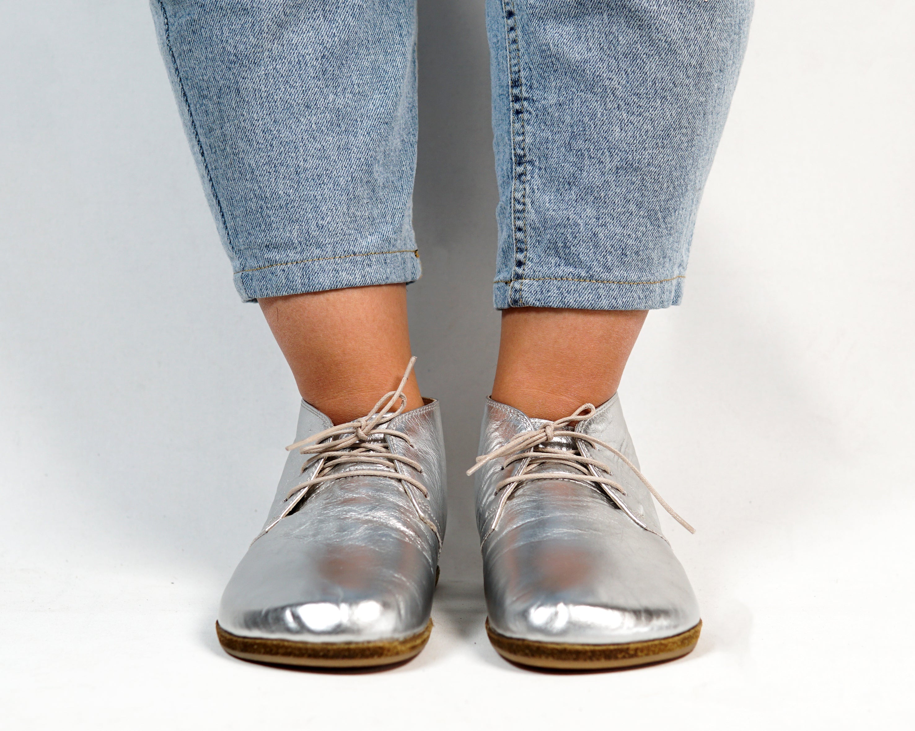 Silver Ankle Boots Wide Barefoot Smooth Leather Handmade Shoes