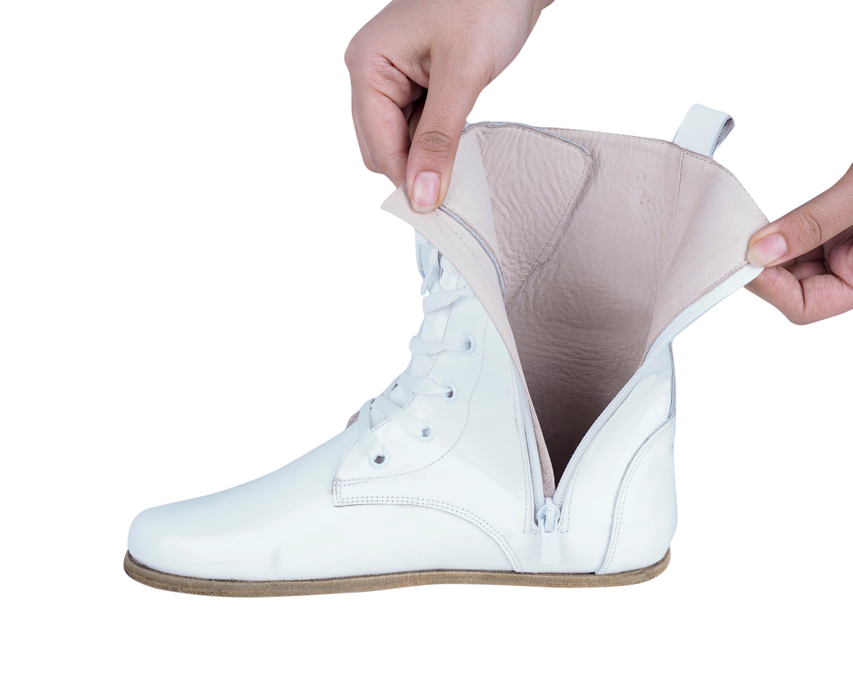 Foralı Classic Long Boots Wide Barefoot Patent Leather Handmade Shoes Long Boots Leather Outsole