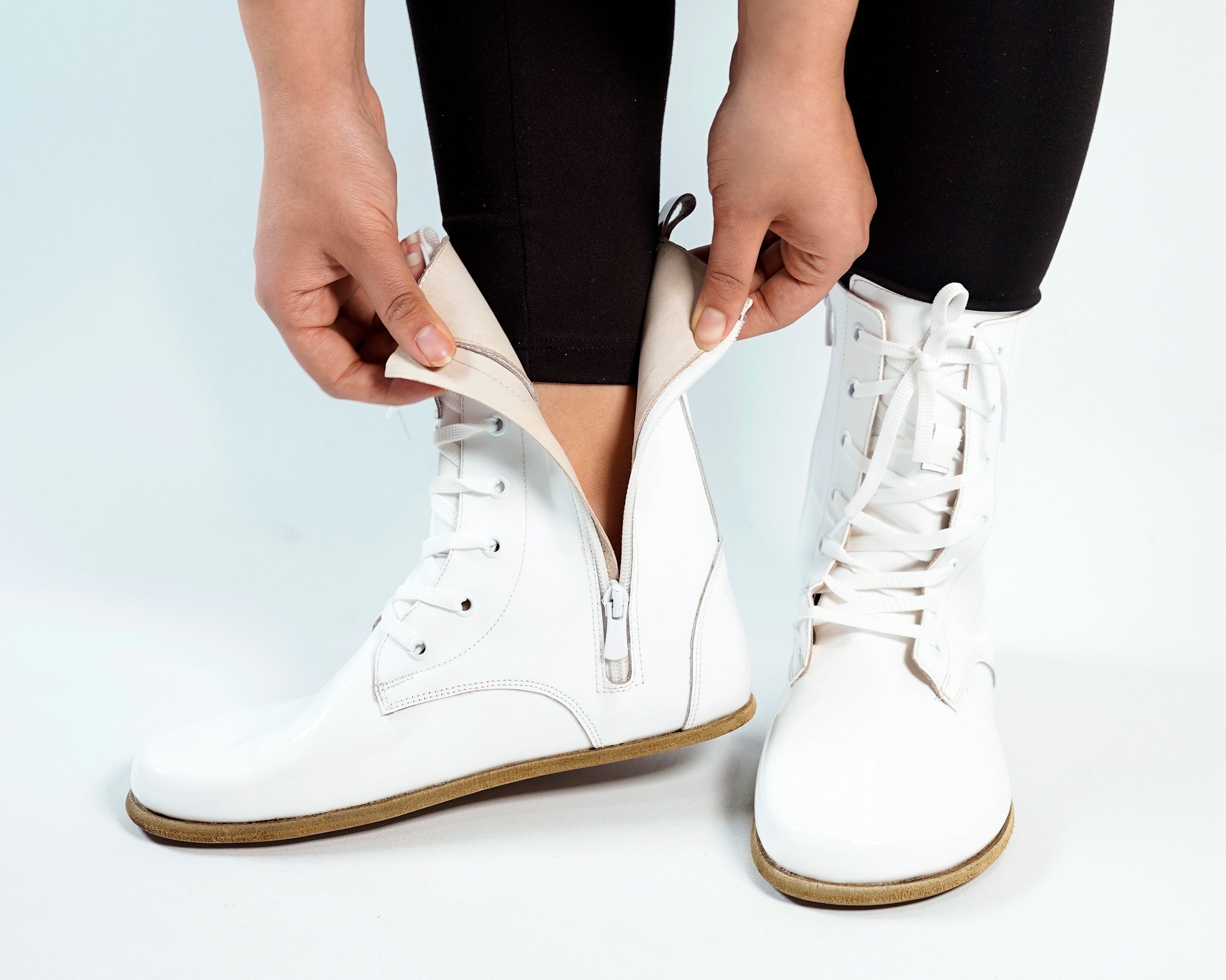 Foralı Classic Long Boots Wide Barefoot Patent Leather Handmade Shoes Long Boots Leather Outsole