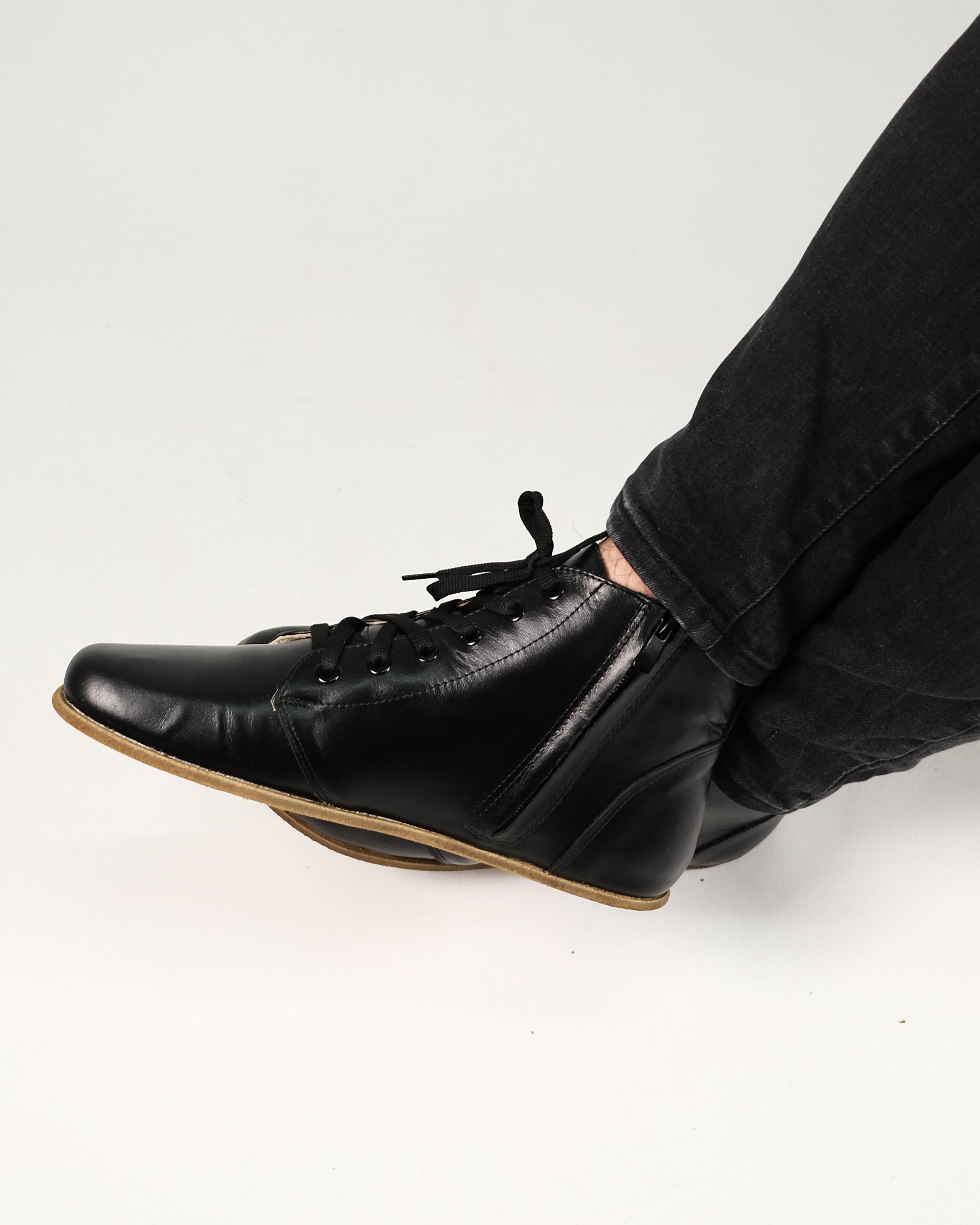 Black Short Boots Wide Barefoot Smooth Leather Handmade Shoes Short Boots Leather Outsole