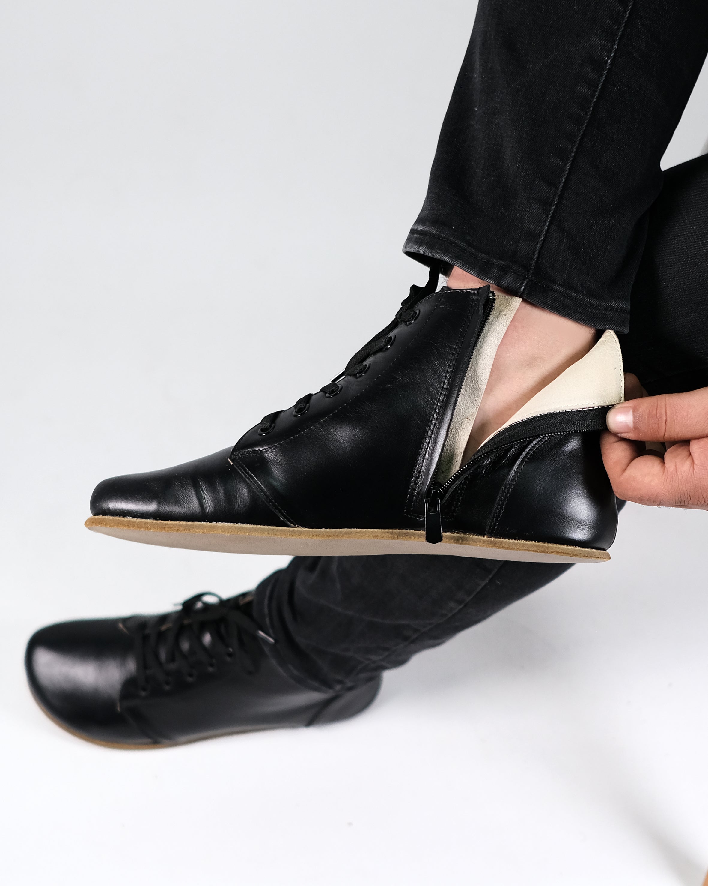 Black Short Boots Wide Barefoot Smooth Leather Handmade Shoes Short Boots Leather Outsole