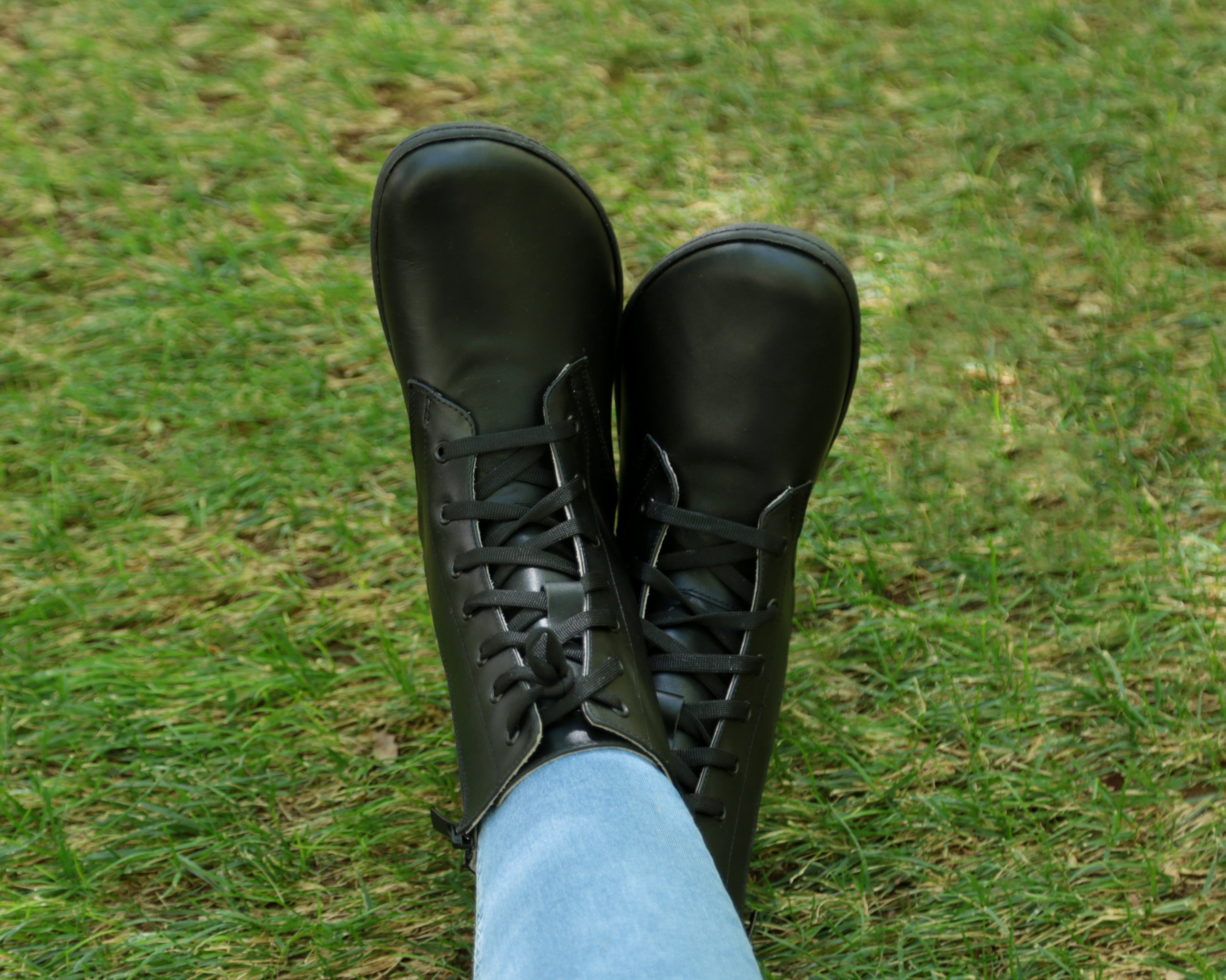 Black Long Zipper Boots Wide Barefoot Shoes Smooth Leather Handmade 6mm Rubber Outsole Long Boots Rubber Outsole