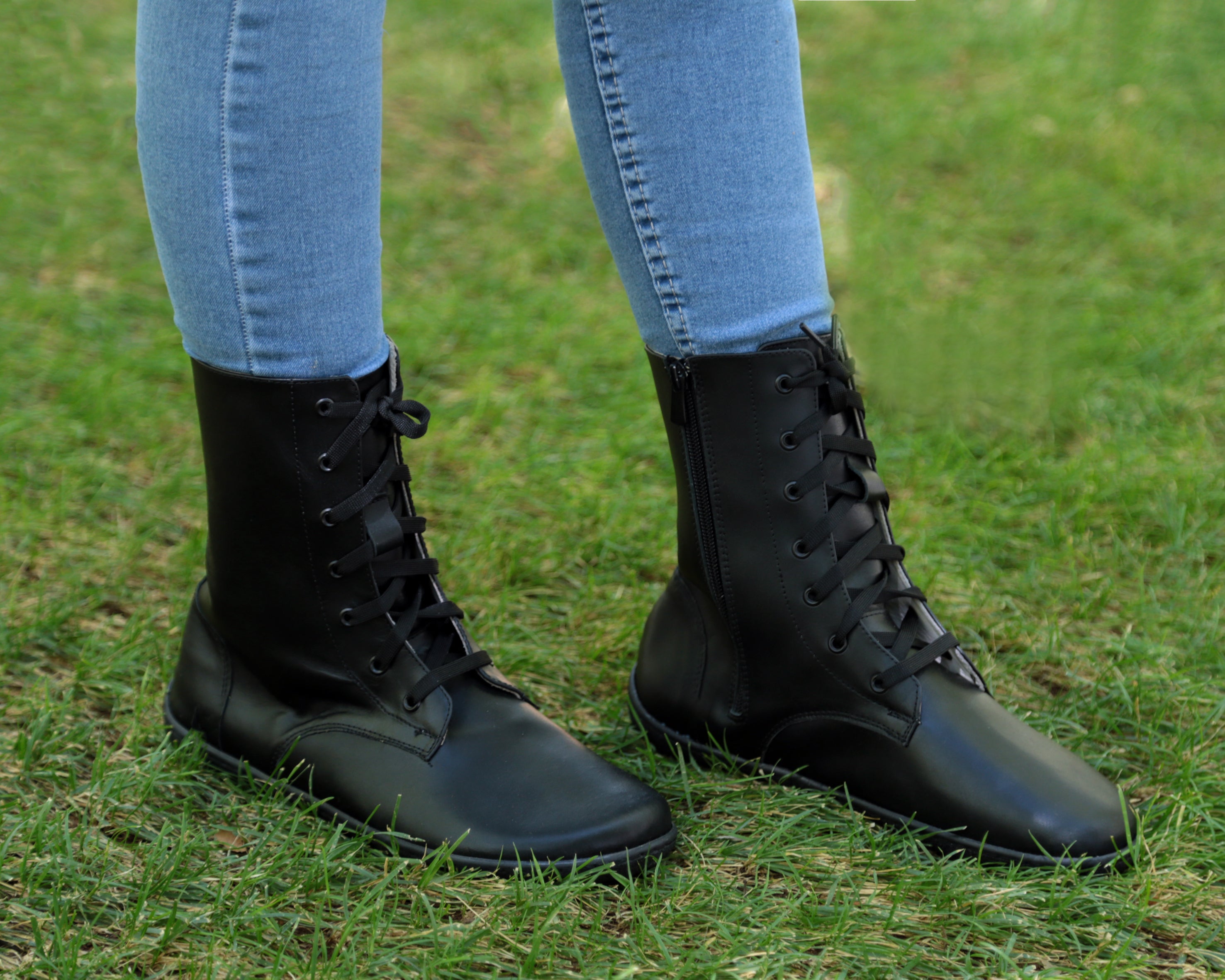 Black Long Zipper Boots Wide Barefoot Shoes Smooth Leather Handmade 6mm Rubber Outsole Long Boots Rubber Outsole