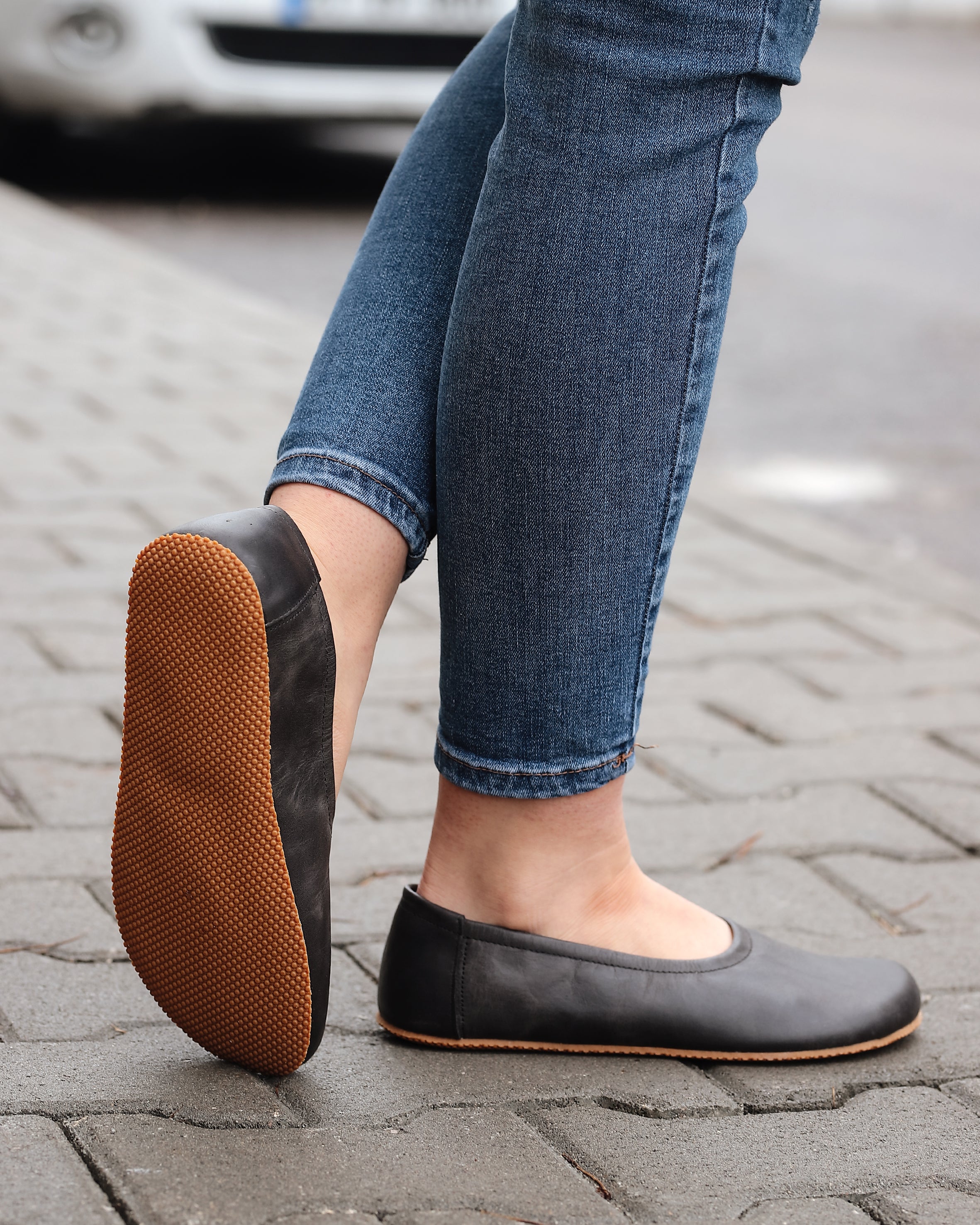 Asphalt Black Women Flat Ballets Wide Barefoot Crazy Leather Handmade Women Flat Ballets