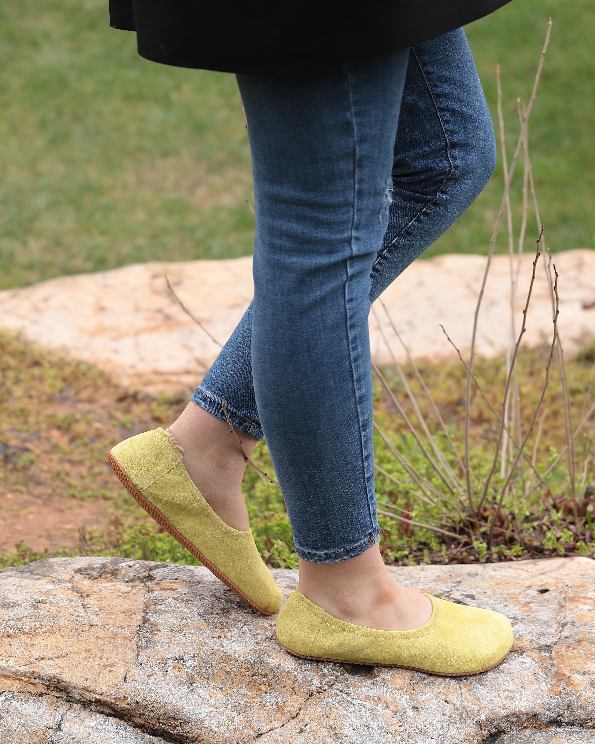 Yellow Women Flat Ballets Wide Barefoot Suede Leather Handmade Women Flat Ballets