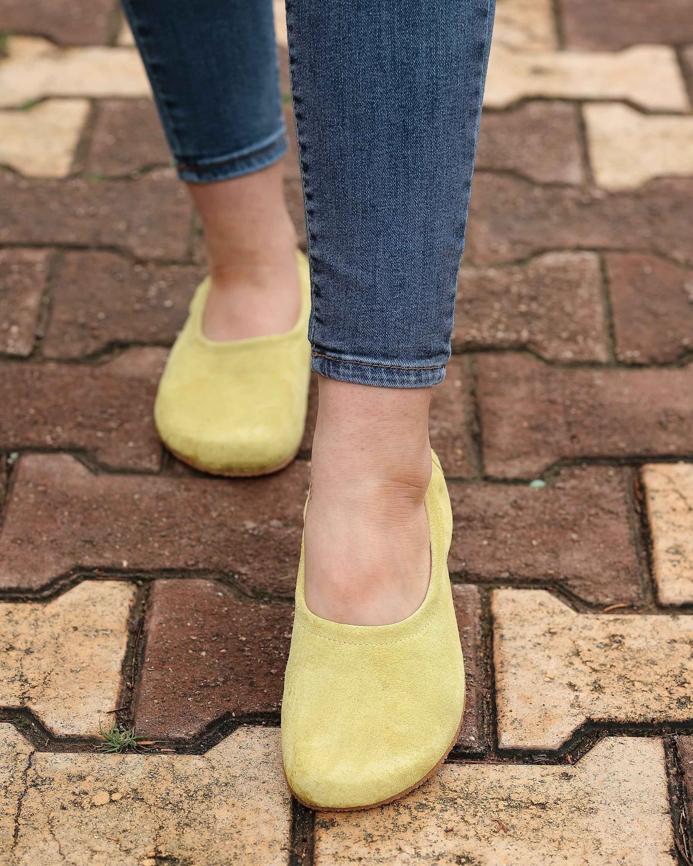 Yellow Women Flat Ballets Wide Barefoot Suede Leather Handmade Women Flat Ballets