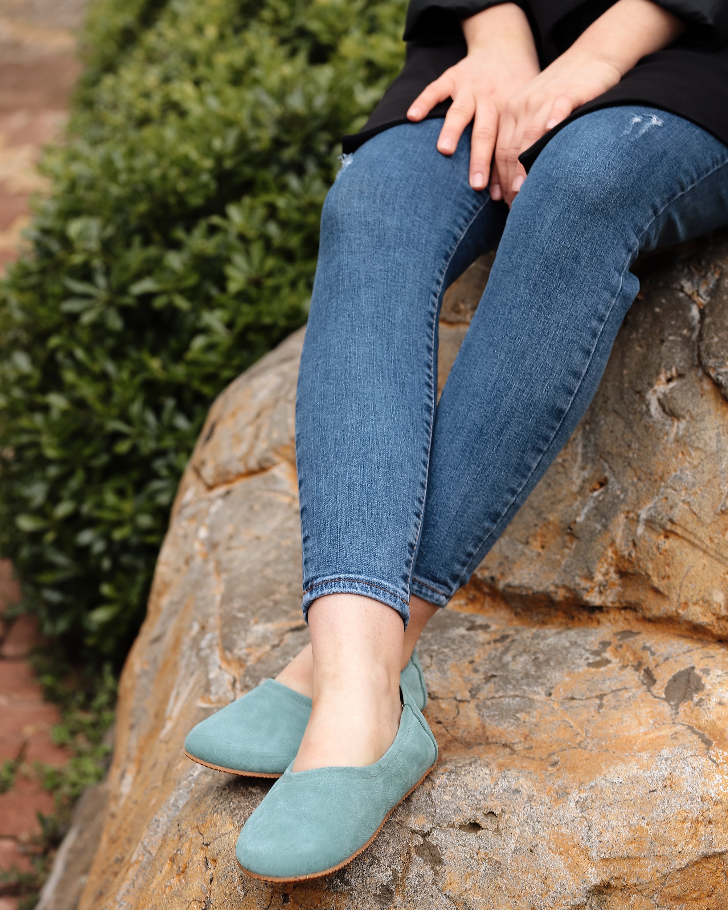 Sea Blue Women Flat Ballets Wide Barefoot Suede Leather Handmade Women Flat Ballets