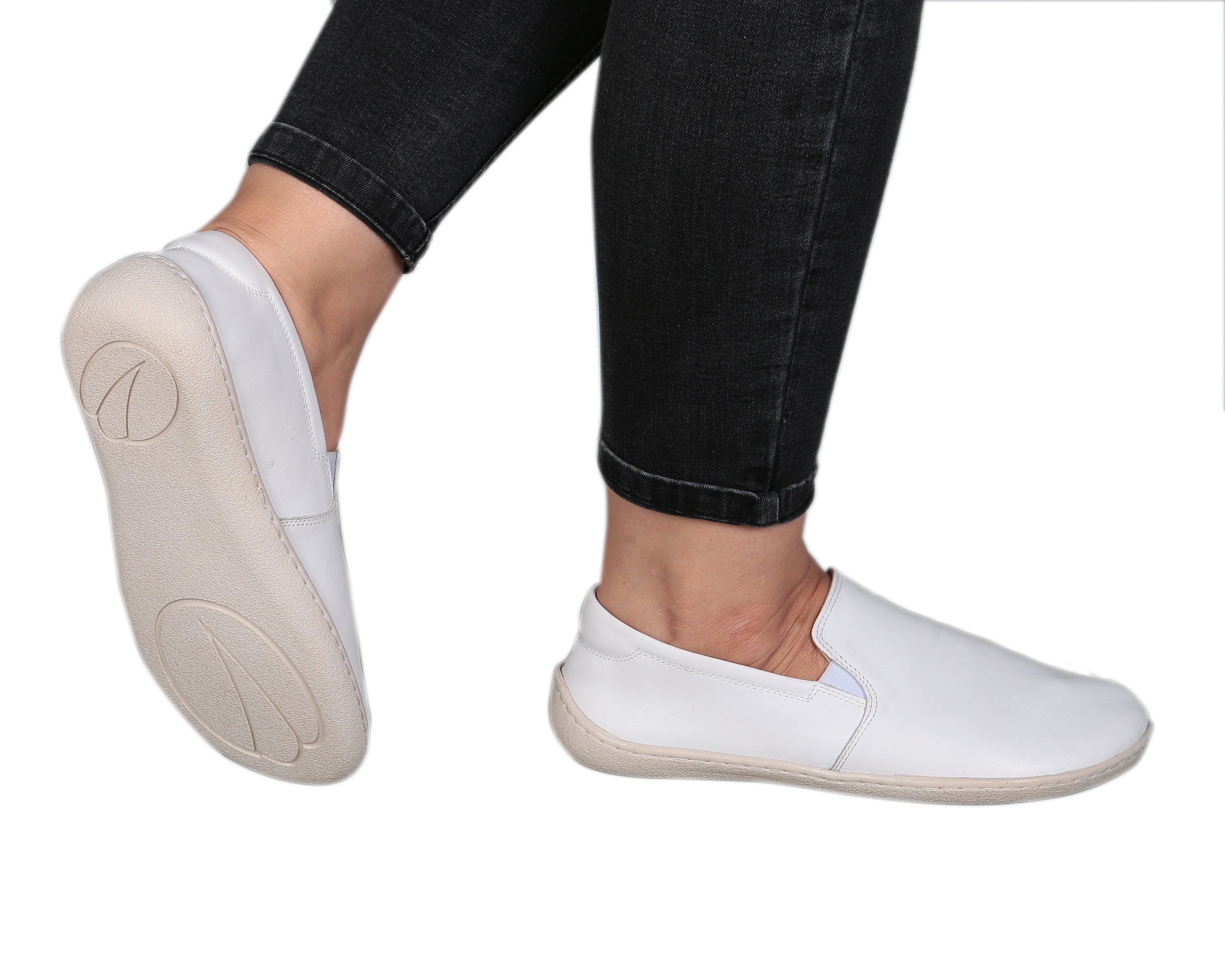 White Slip-On Wide Barefoot Shoes Smooth Leather Handmade 6mm Rubber Outsole