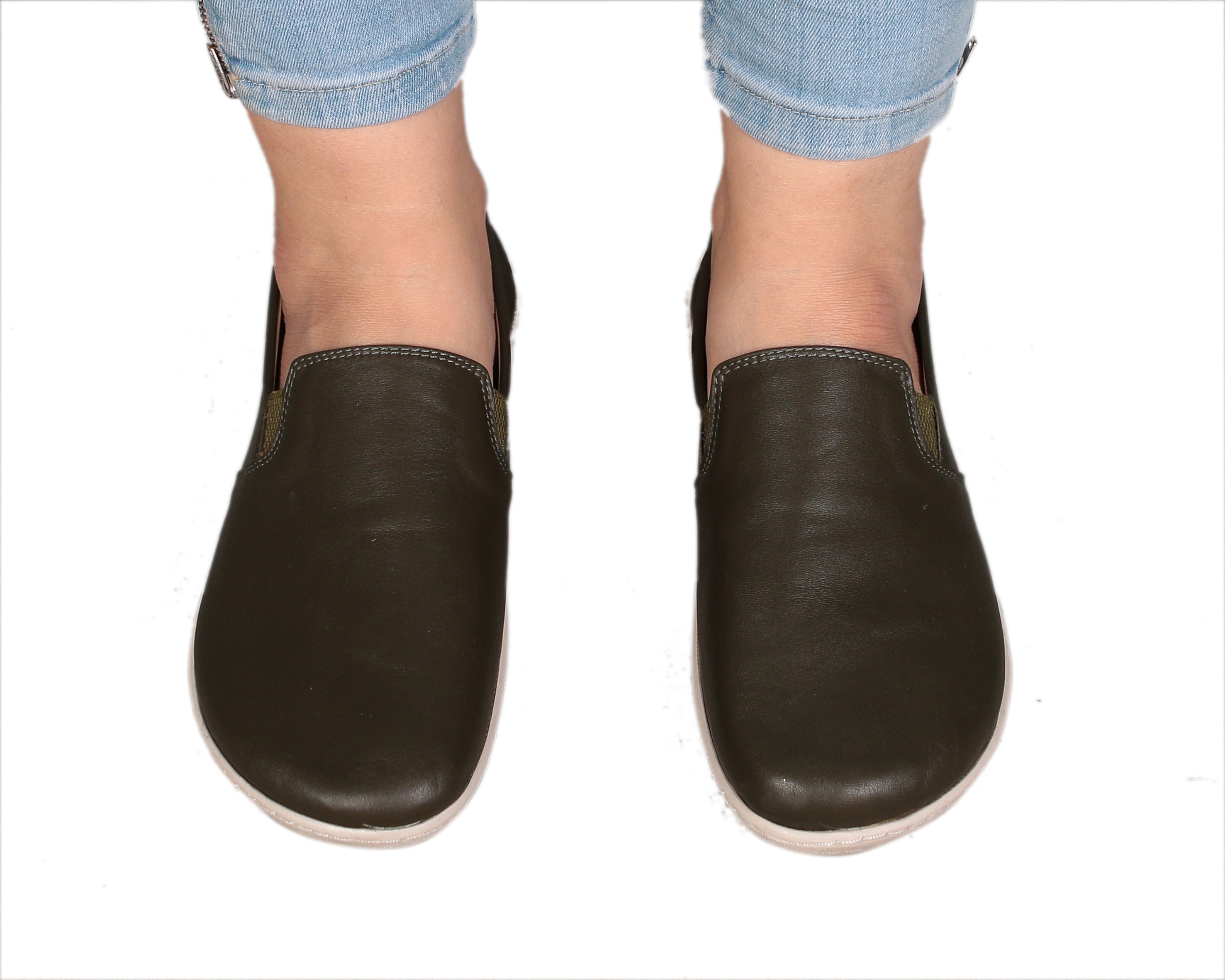 Green Slip-On Wide Barefoot Shoes Smooth Leather Handmade 6mm Rubber Outsole