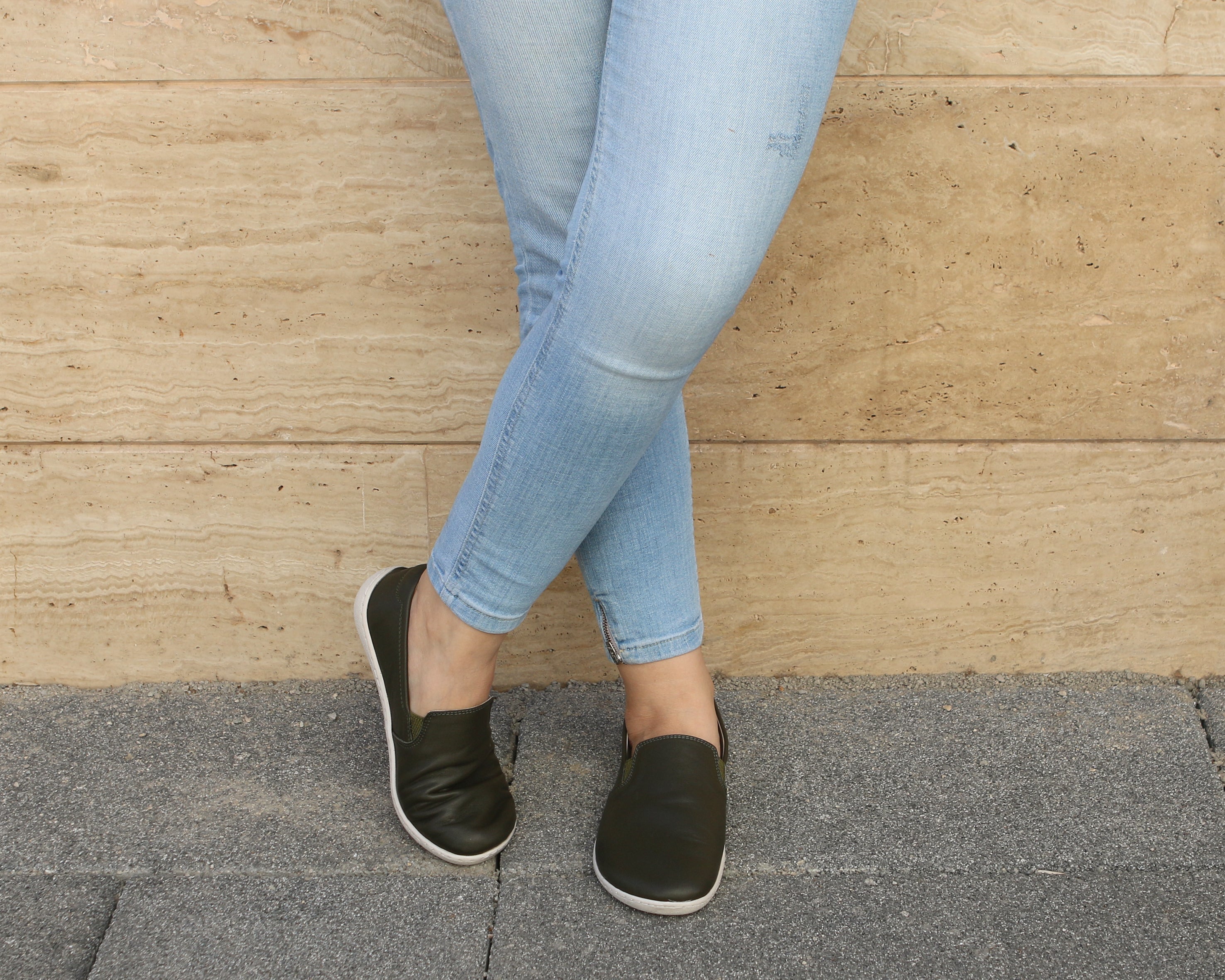 Green Slip-On Wide Barefoot Shoes Smooth Leather Handmade 6mm Rubber Outsole