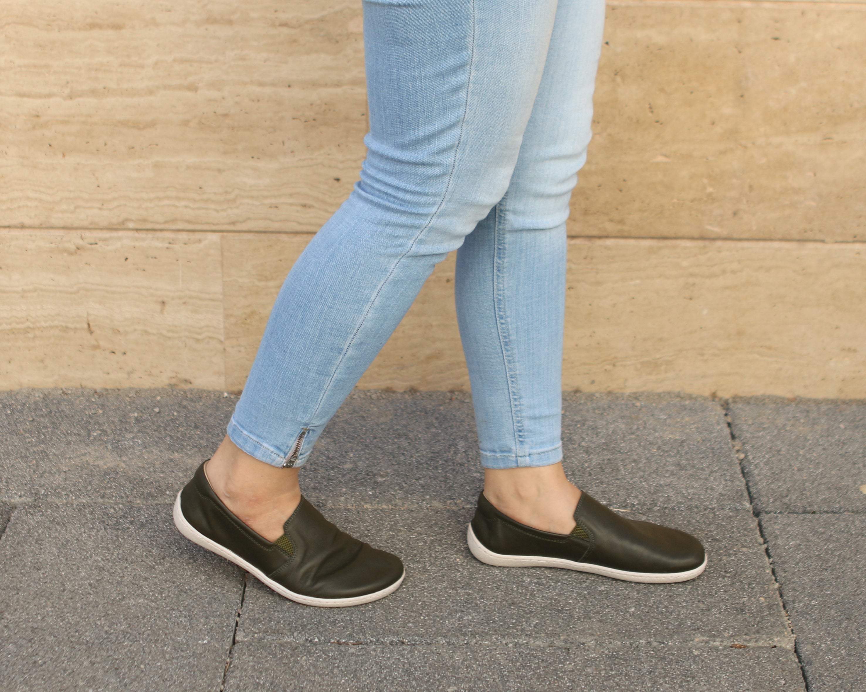 Green Slip-On Wide Barefoot Shoes Smooth Leather Handmade 6mm Rubber Outsole