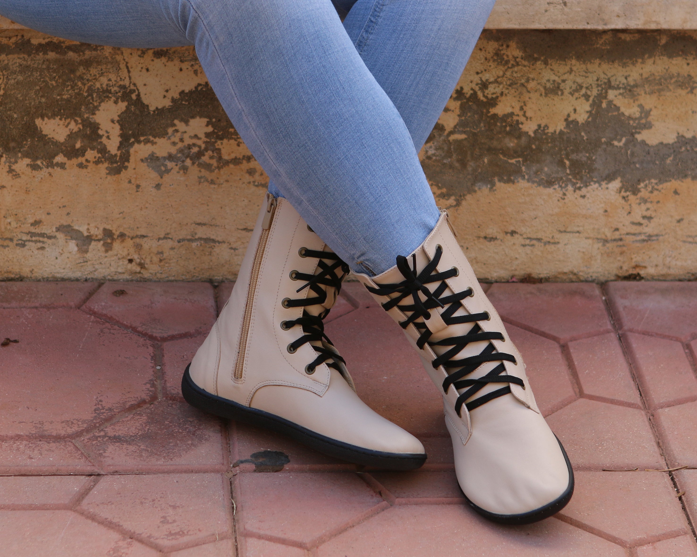 Cream Long Zipper Boots Wide Barefoot Shoes Smooth Leather Handmade 6mm Rubber Outsole