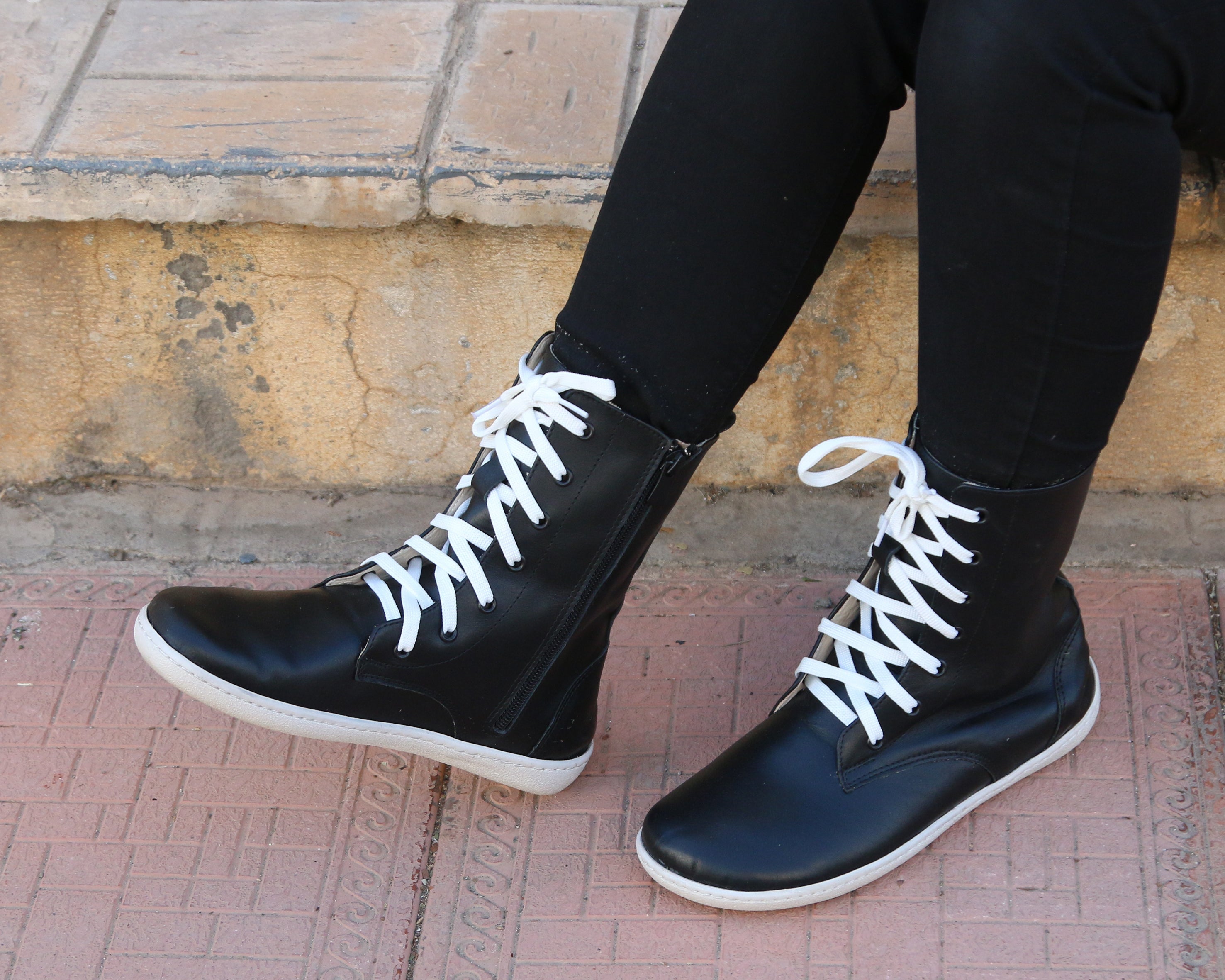 Black Long Zipper Boots Wide Barefoot Shoes Smooth Leather Handmade 6mm Rubber Outsole Long Boots Rubber Outsole