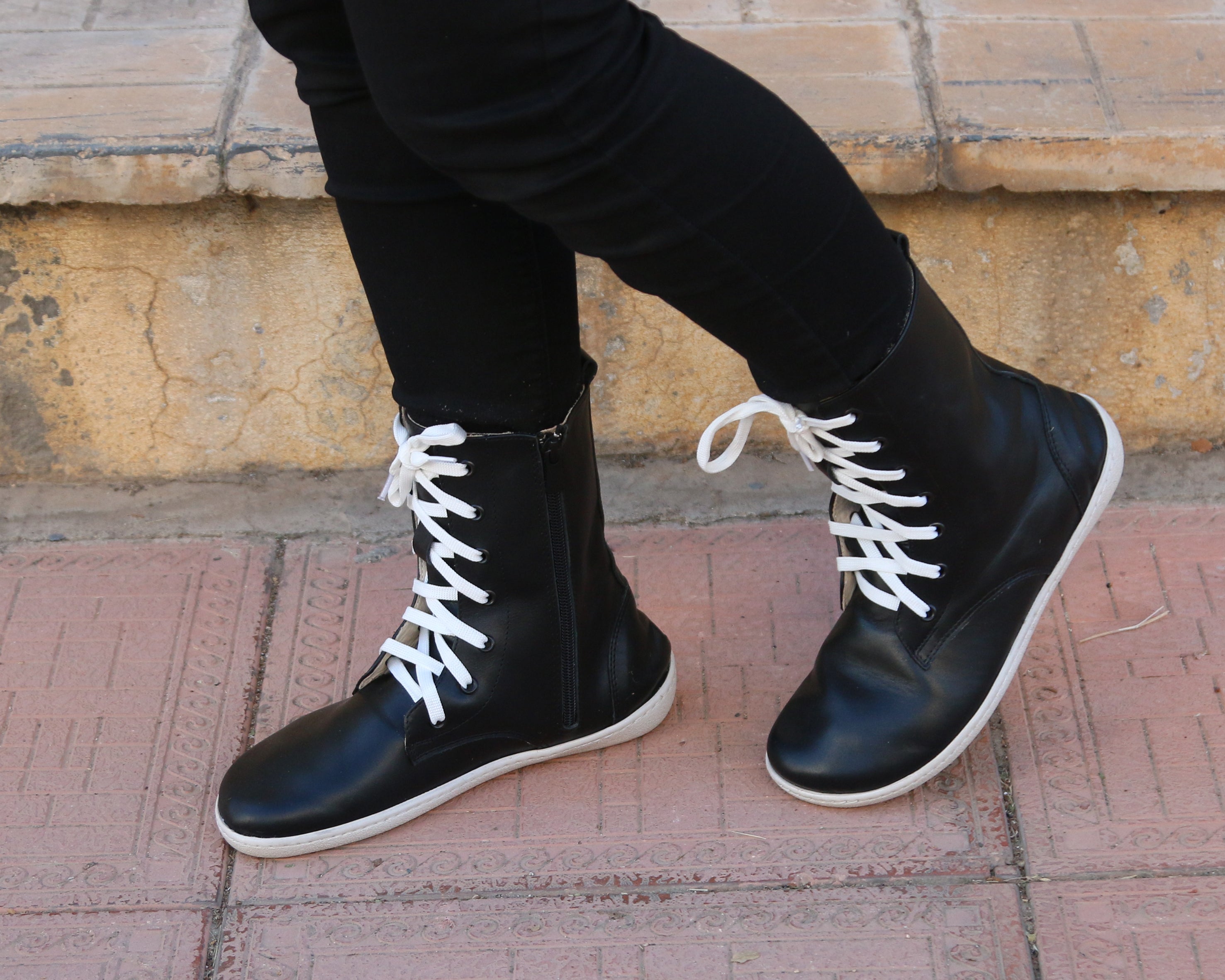 Black Long Zipper Boots Wide Barefoot Shoes Smooth Leather Handmade 6mm Rubber Outsole Long Boots Rubber Outsole