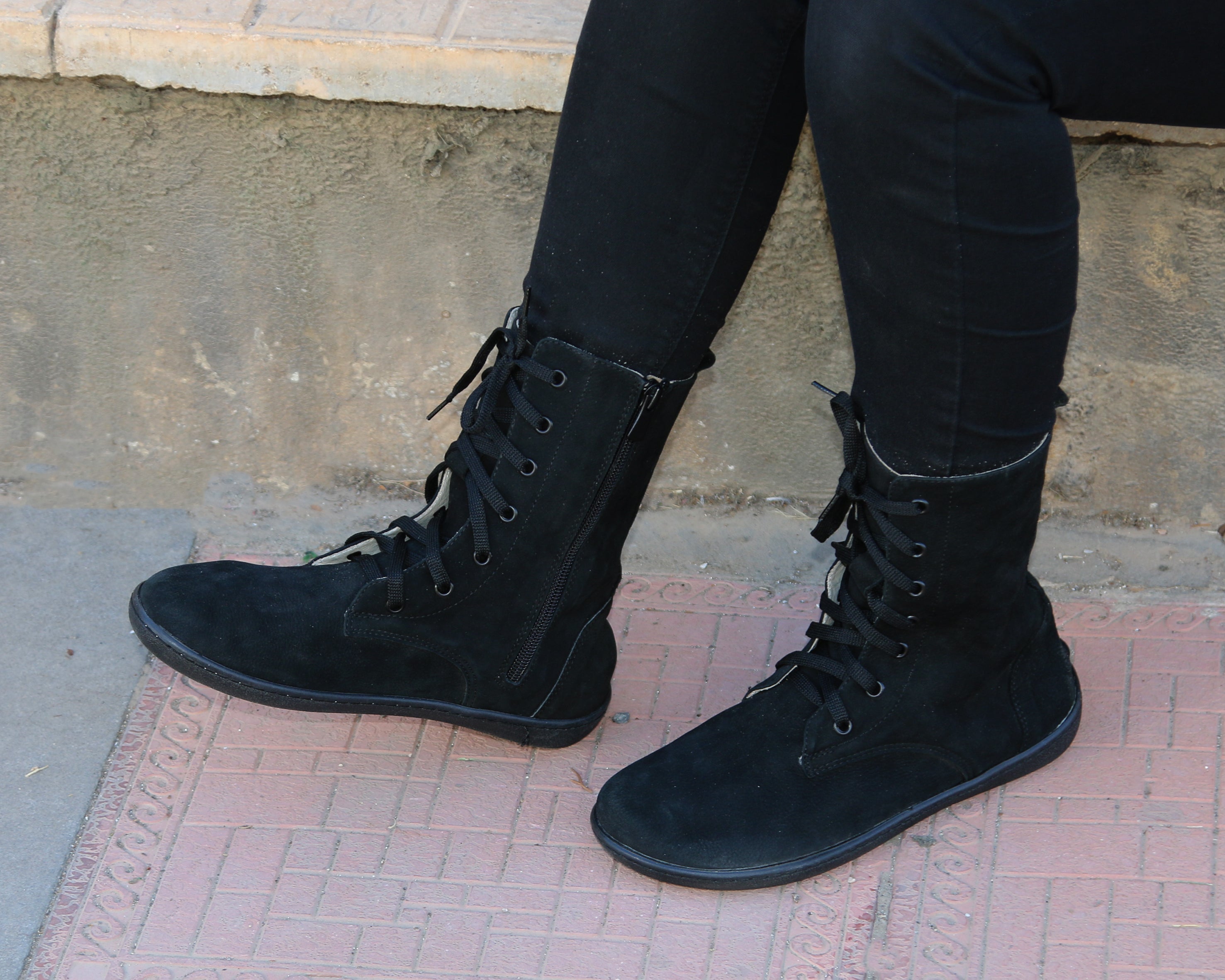 Black Long Zipper Boots Wide Barefoot Shoes Nubuck Leather Handmade Rubber Outsole Long Boots Rubber Outsole