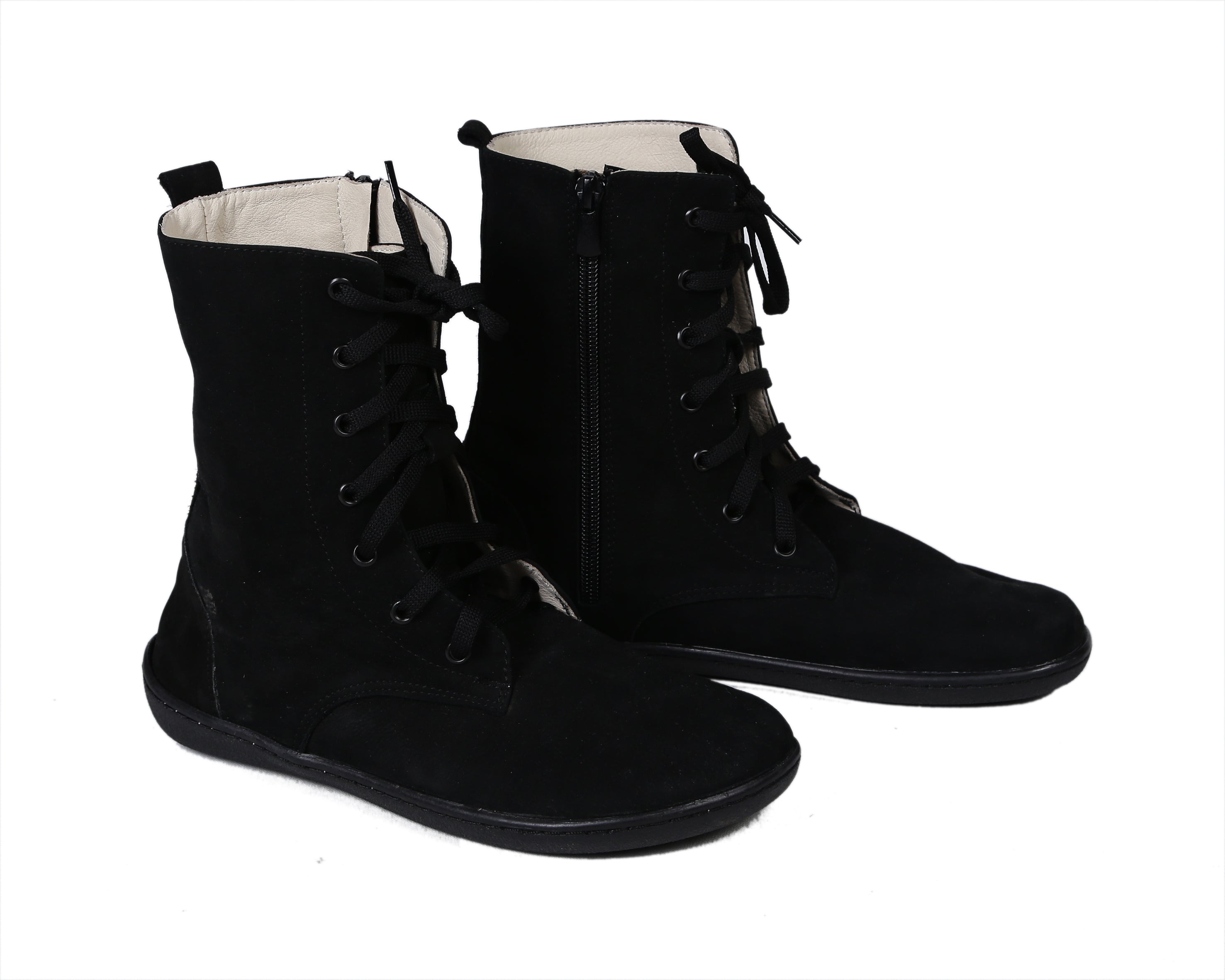 Black Long Zipper Boots Wide Barefoot Shoes Nubuck Leather Handmade Rubber Outsole Long Boots Rubber Outsole