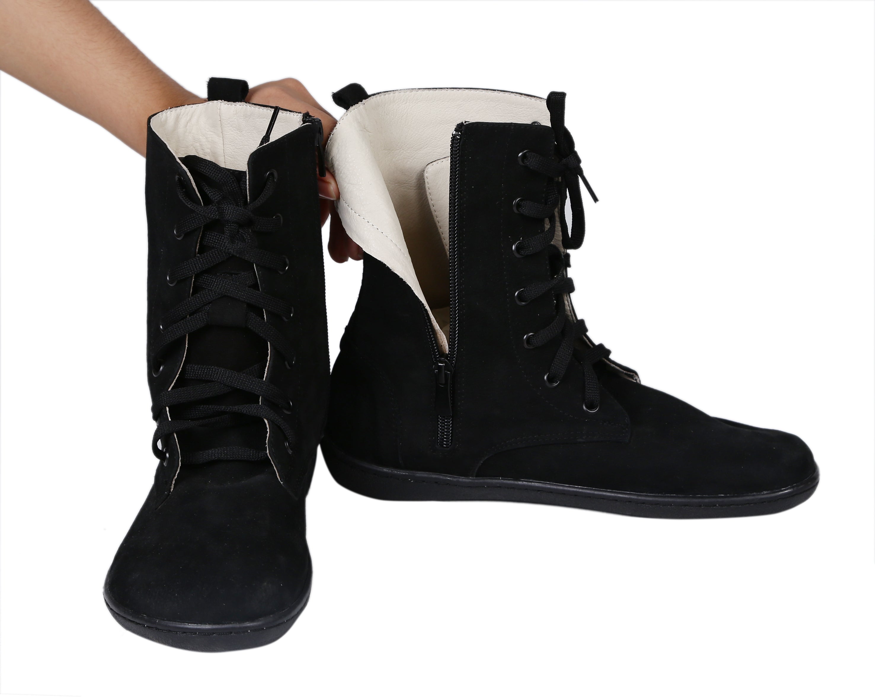 Black Long Zipper Boots Wide Barefoot Shoes Nubuck Leather Handmade Rubber Outsole Long Boots Rubber Outsole