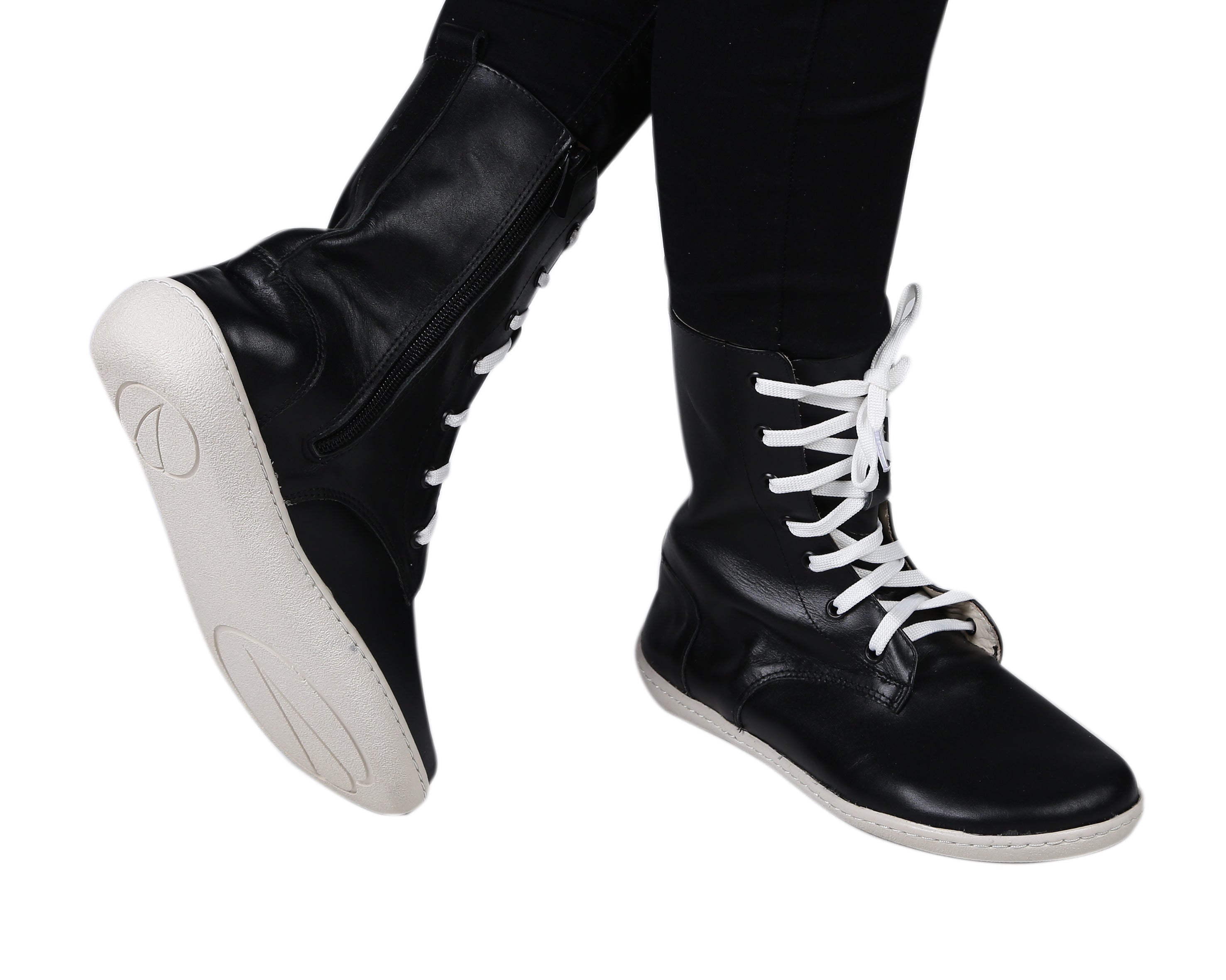 Black Long Zipper Boots Wide Barefoot Shoes Smooth Leather Handmade 6mm Rubber Outsole Long Boots Rubber Outsole