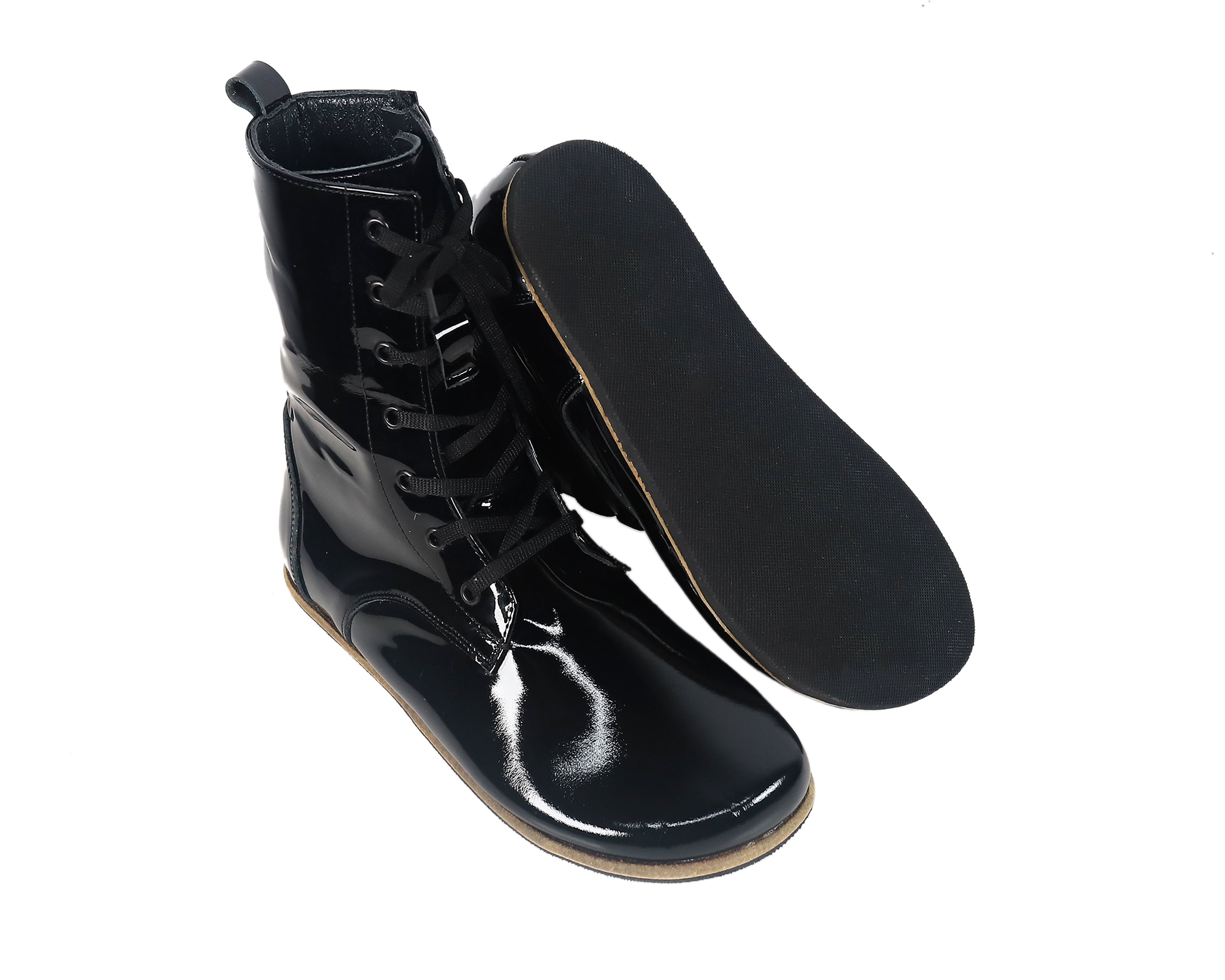 Black Long Boots Wide Barefoot Patent Leather Handmade Shoes Long Boots Leather Outsole