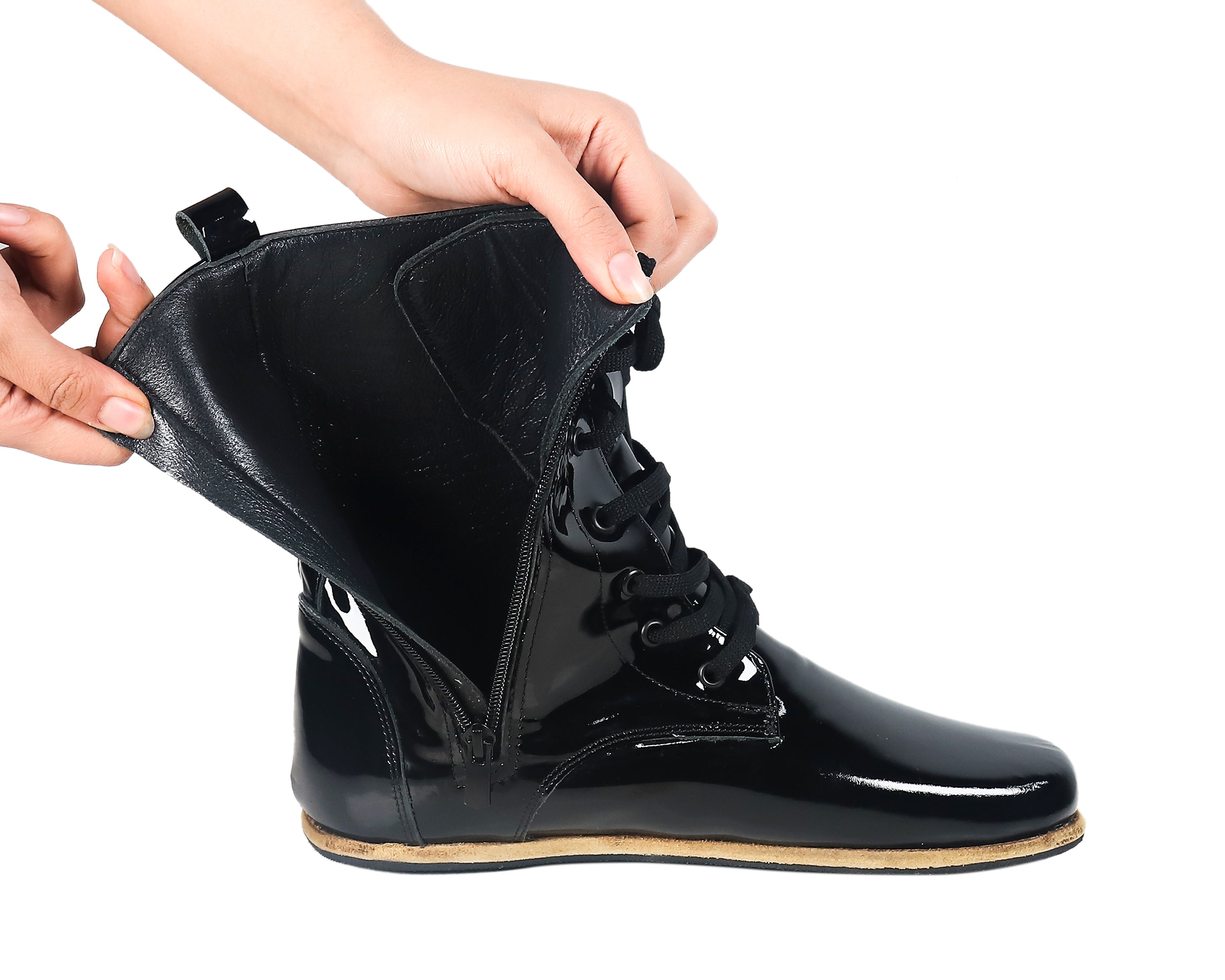 Black Long Boots Wide Barefoot Patent Leather Handmade Shoes Long Boots Leather Outsole