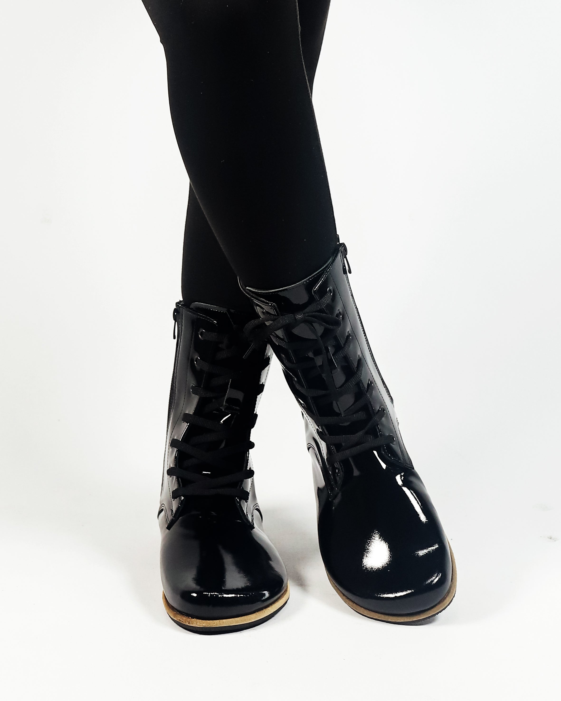Black Long Boots Wide Barefoot Patent Leather Handmade Shoes Long Boots Leather Outsole
