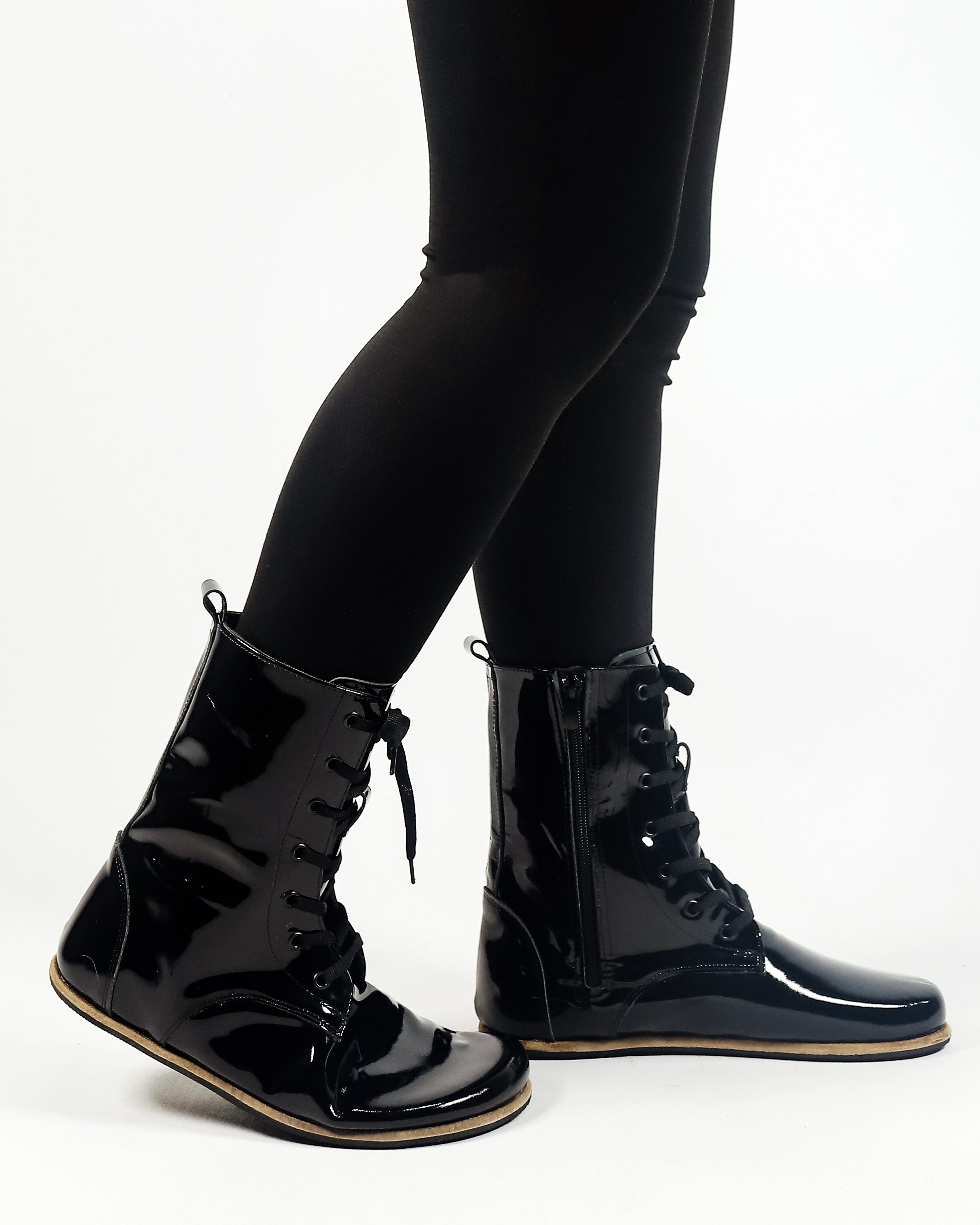 Black Long Boots Wide Barefoot Patent Leather Handmade Shoes Long Boots Leather Outsole