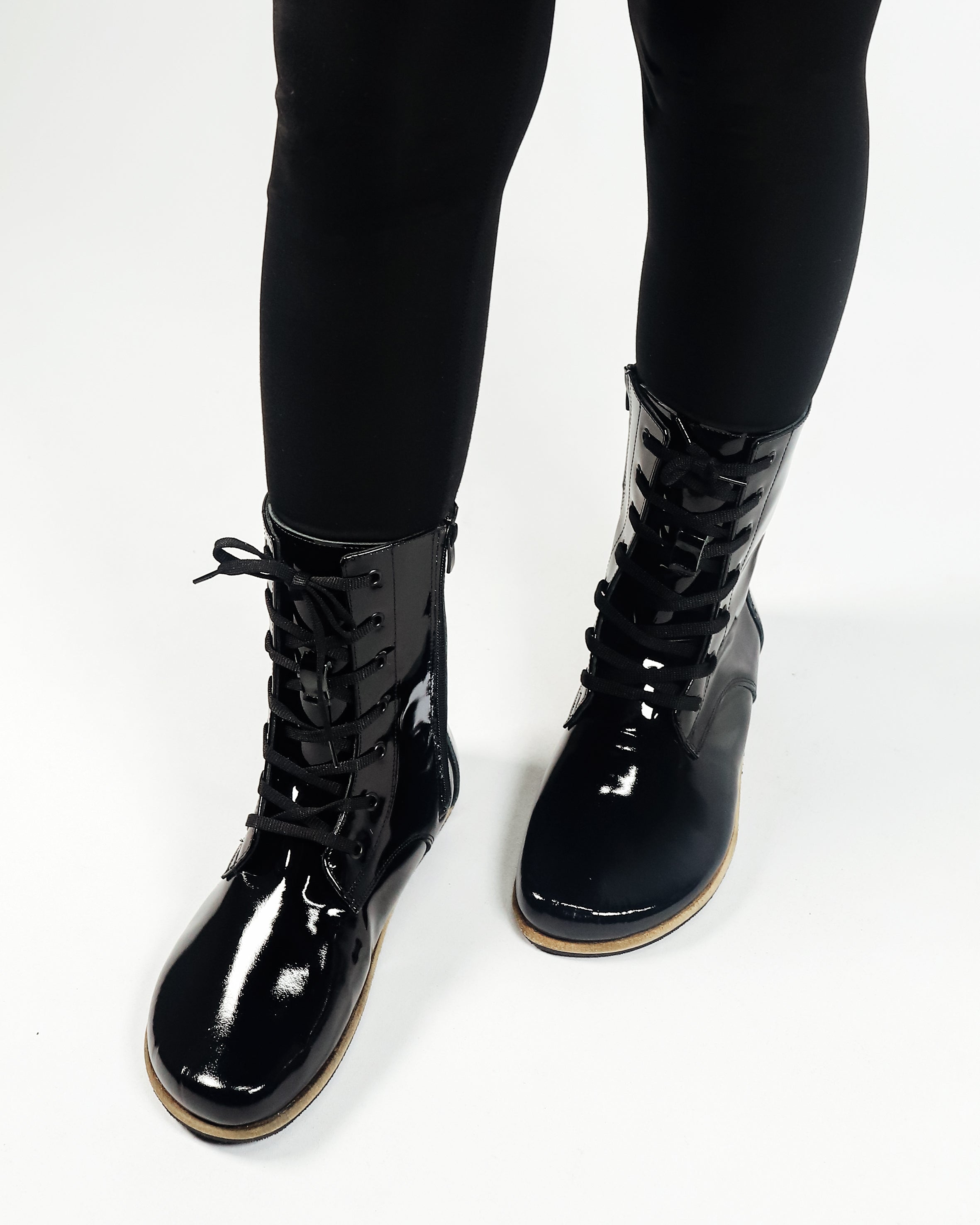 Black Long Boots Wide Barefoot Patent Leather Handmade Shoes Long Boots Leather Outsole
