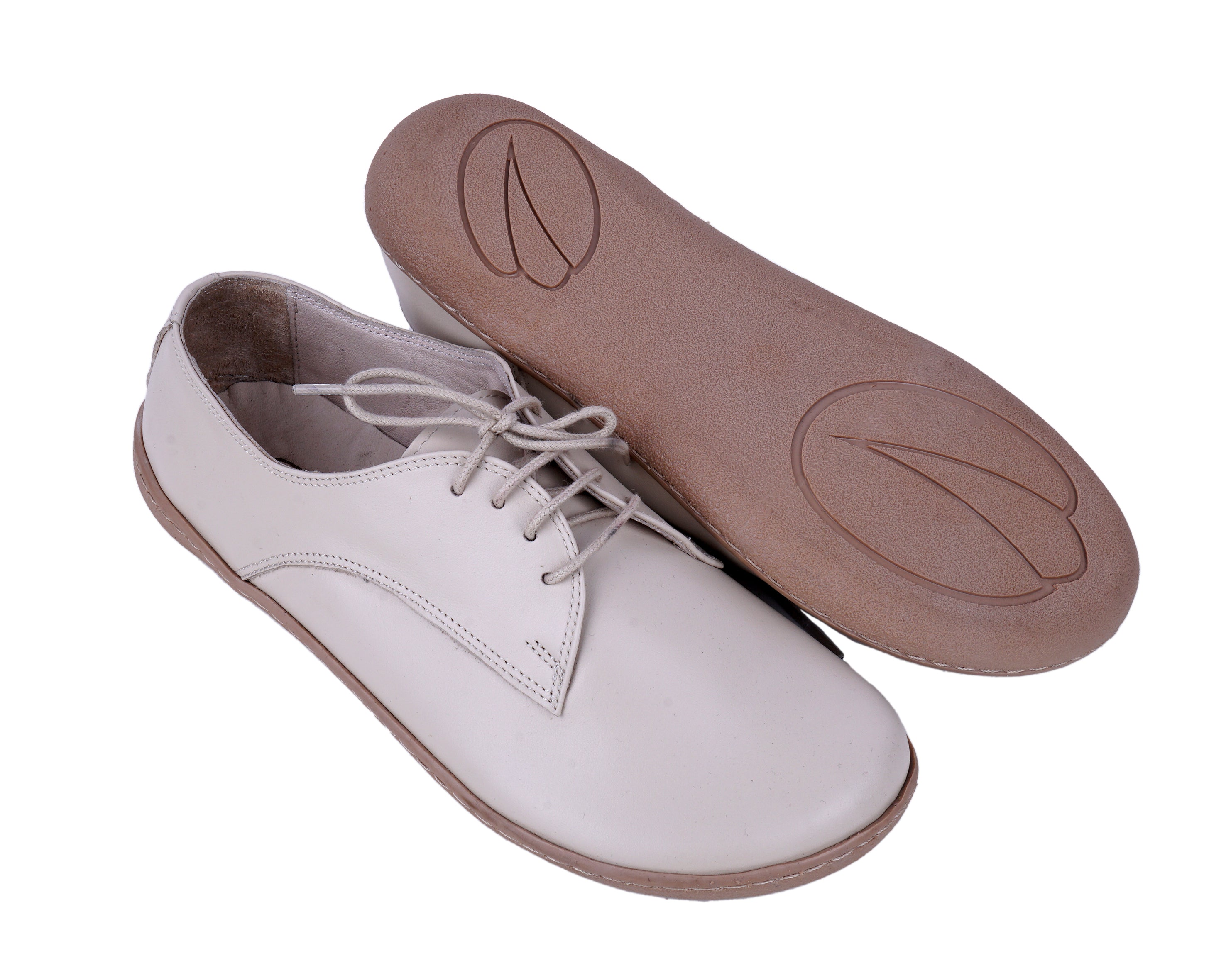 Cream Oxford Wide Barefoot Shoes Smooth Leather Handmade 6mm Rubber Outsole