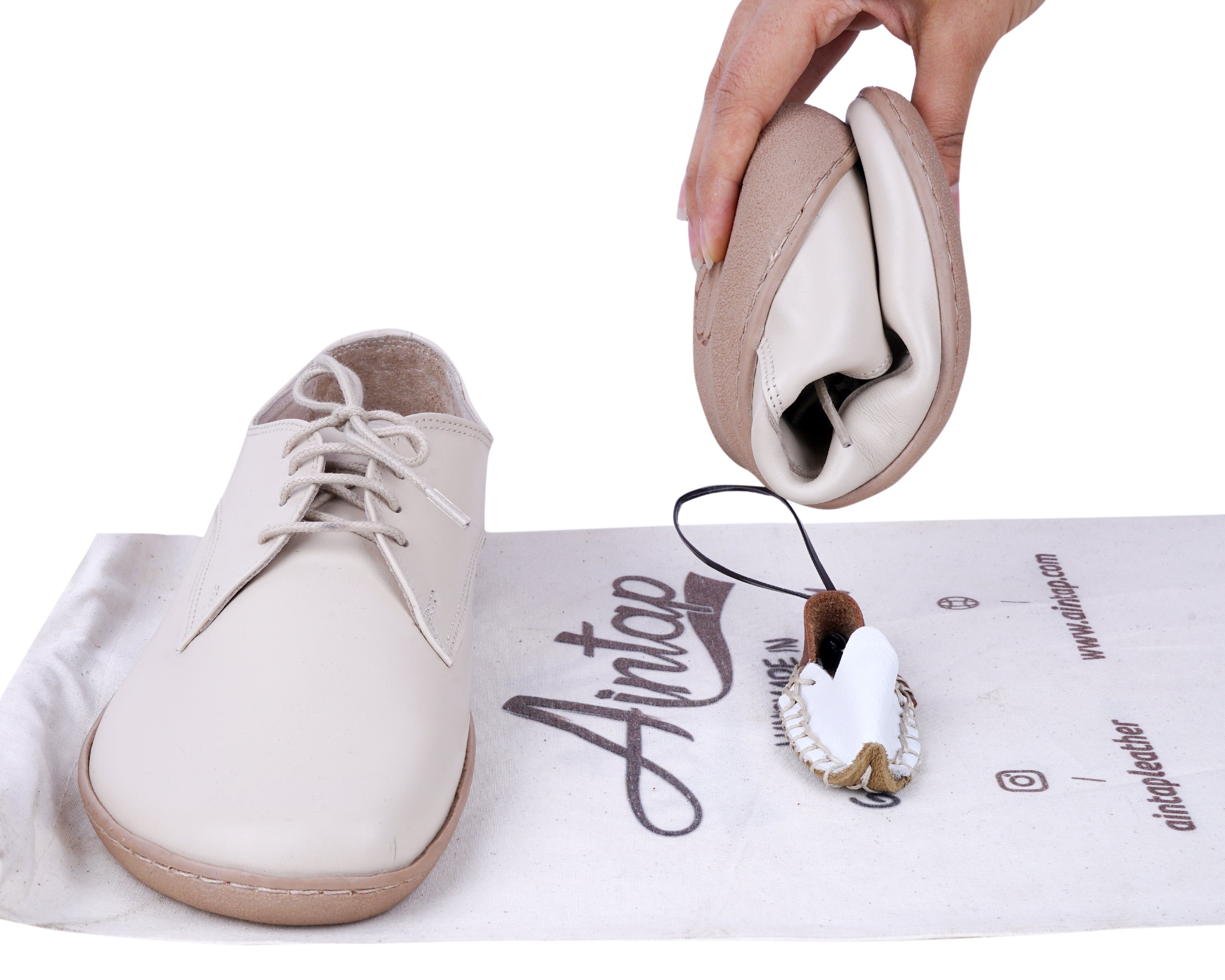 Cream Oxford Wide Barefoot Shoes Smooth Leather Handmade 6mm Rubber Outsole