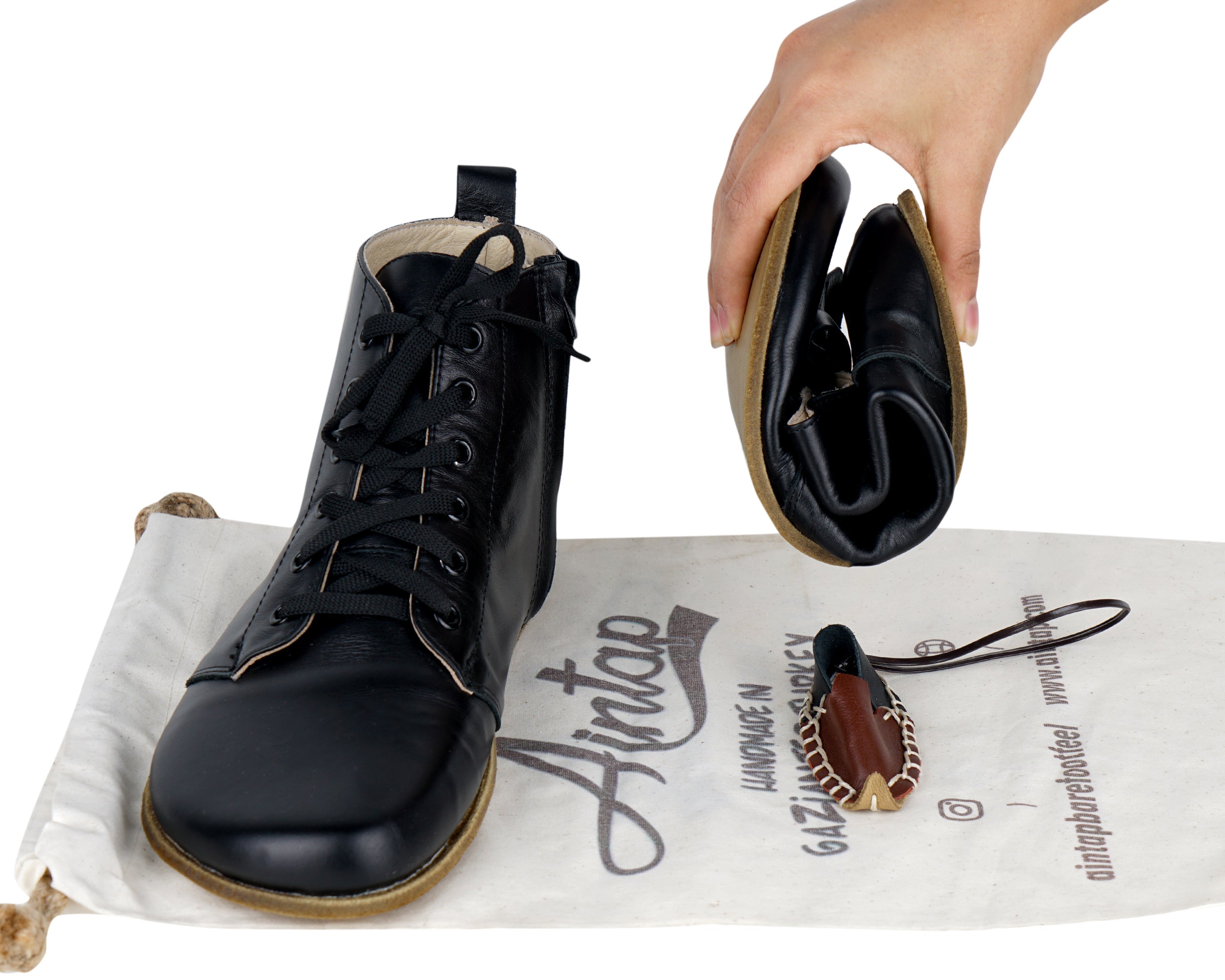 Black Short Boots Wide Barefoot Smooth Leather Handmade Shoes Short Boots Leather Outsole