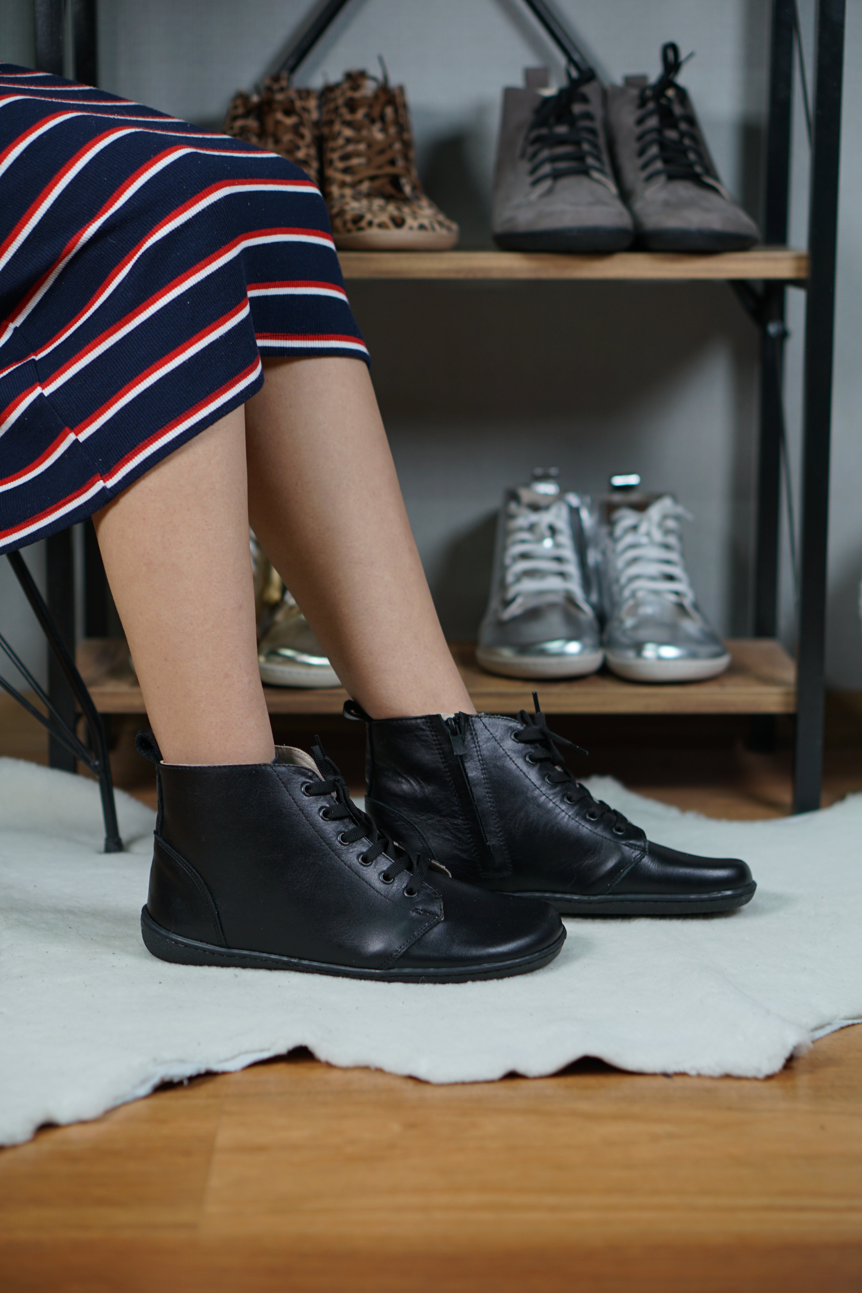 Black Short Boots Wide Barefoot Shoes Smooth Leather Handmade 6mm Rubber Outsole Short Boots Rubber Outsole