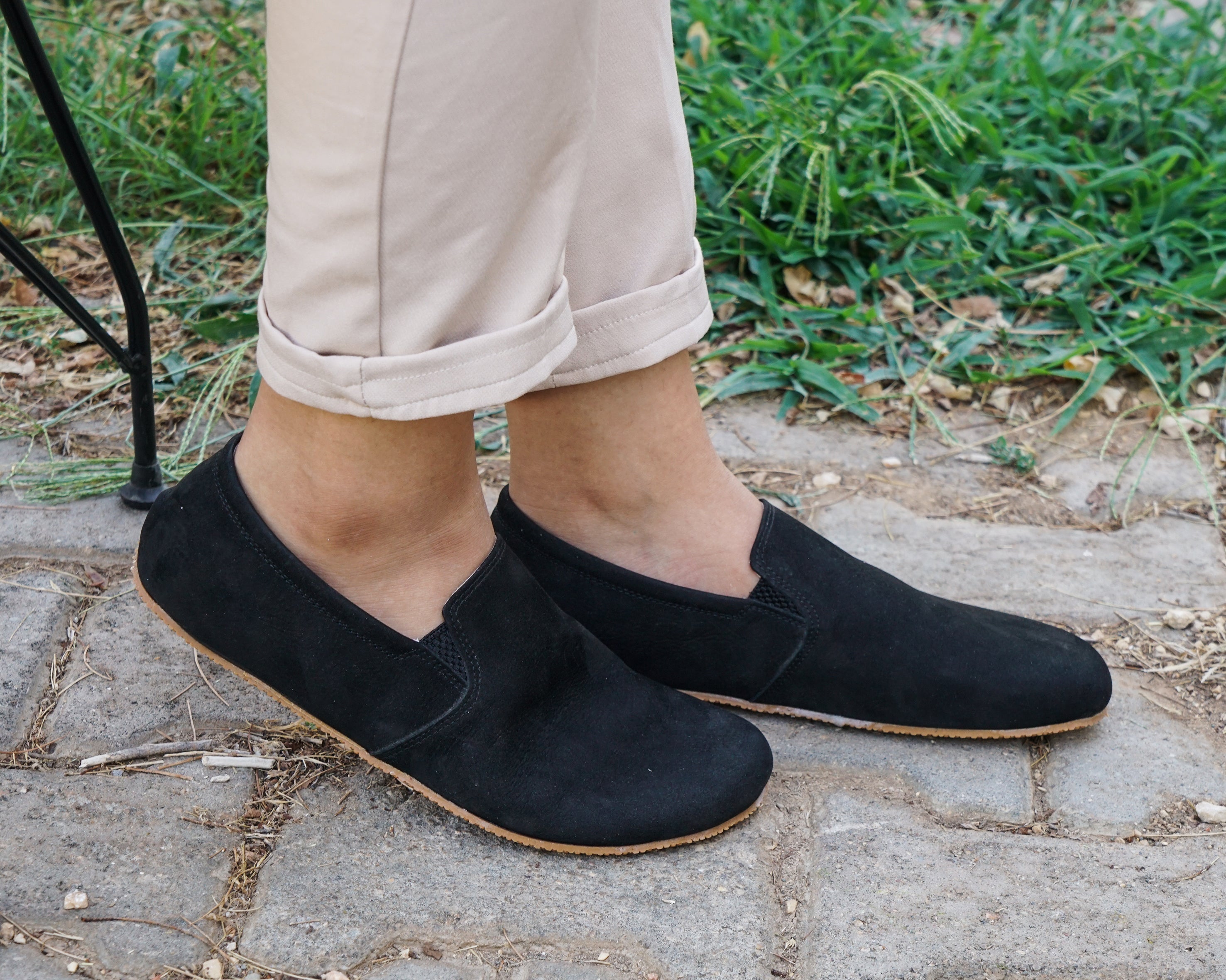 Black Slip-On Wide Barefoot Shoes Nubuck Leather Handmade 4mm Rubber Outsole Slip-On Rubber Outsole