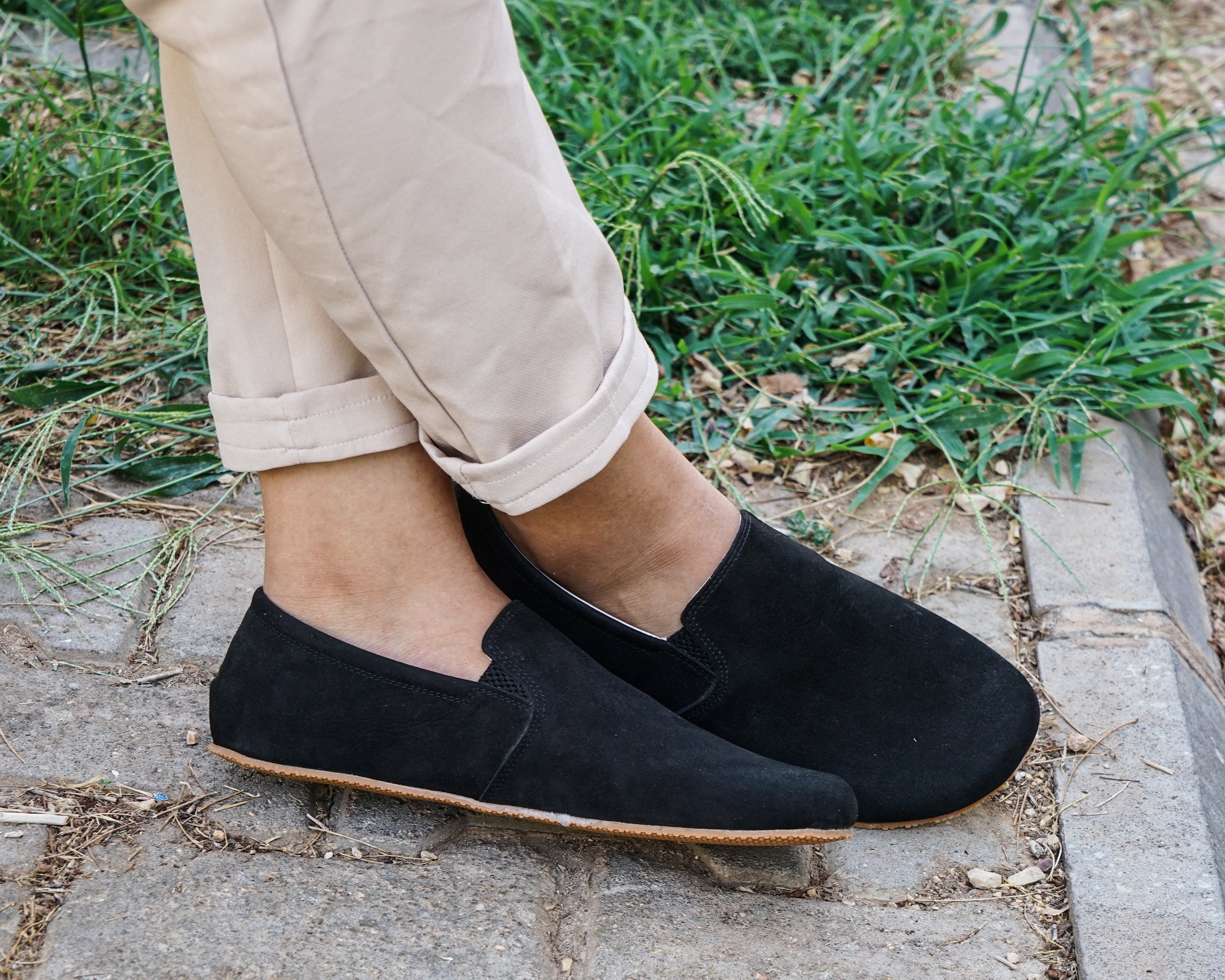 Black Slip-On Wide Barefoot Shoes Nubuck Leather Handmade 4mm Rubber Outsole Slip-On Rubber Outsole