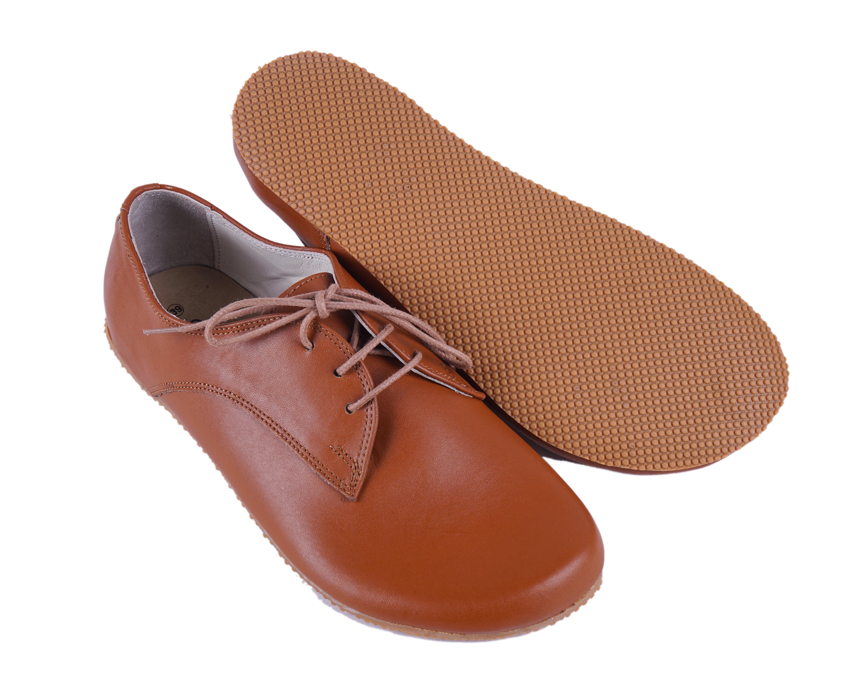 Tan Oxford Wide Barefoot Shoes Smooth Leather Handmade 4mm Rubber Outsole