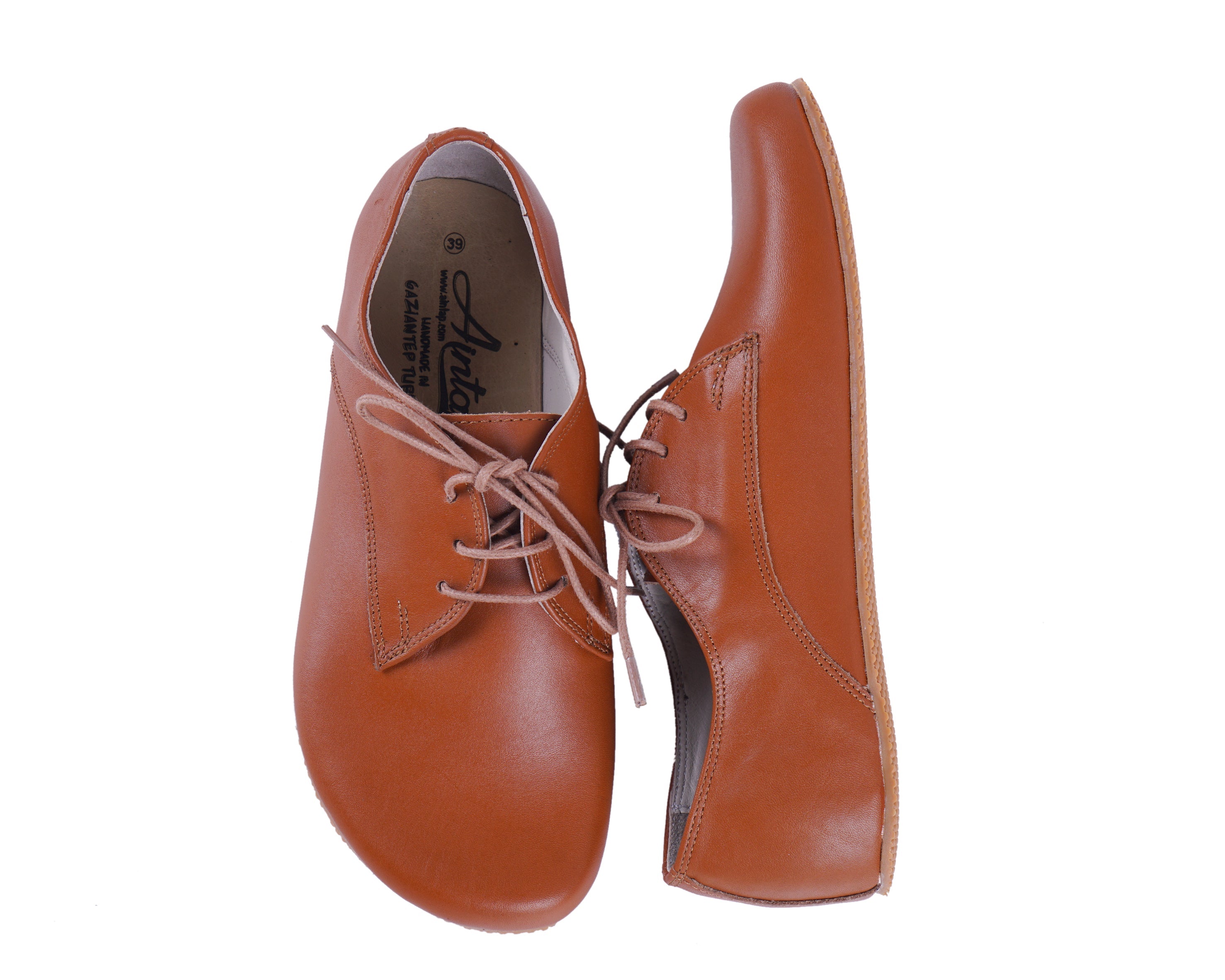 Tan Oxford Wide Barefoot Shoes Smooth Leather Handmade 4mm Rubber Outsole