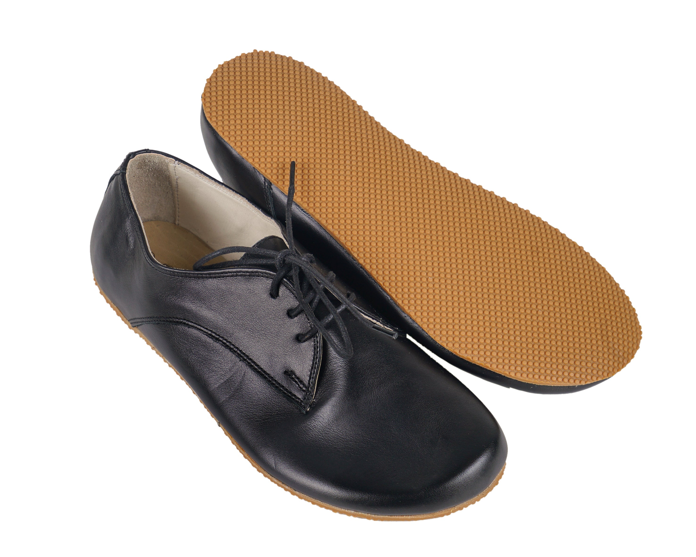 Black Oxford Wide Barefoot Shoes Smooth Leather Handmade 4mm Rubber Outsole Oxford Rubber Outsole