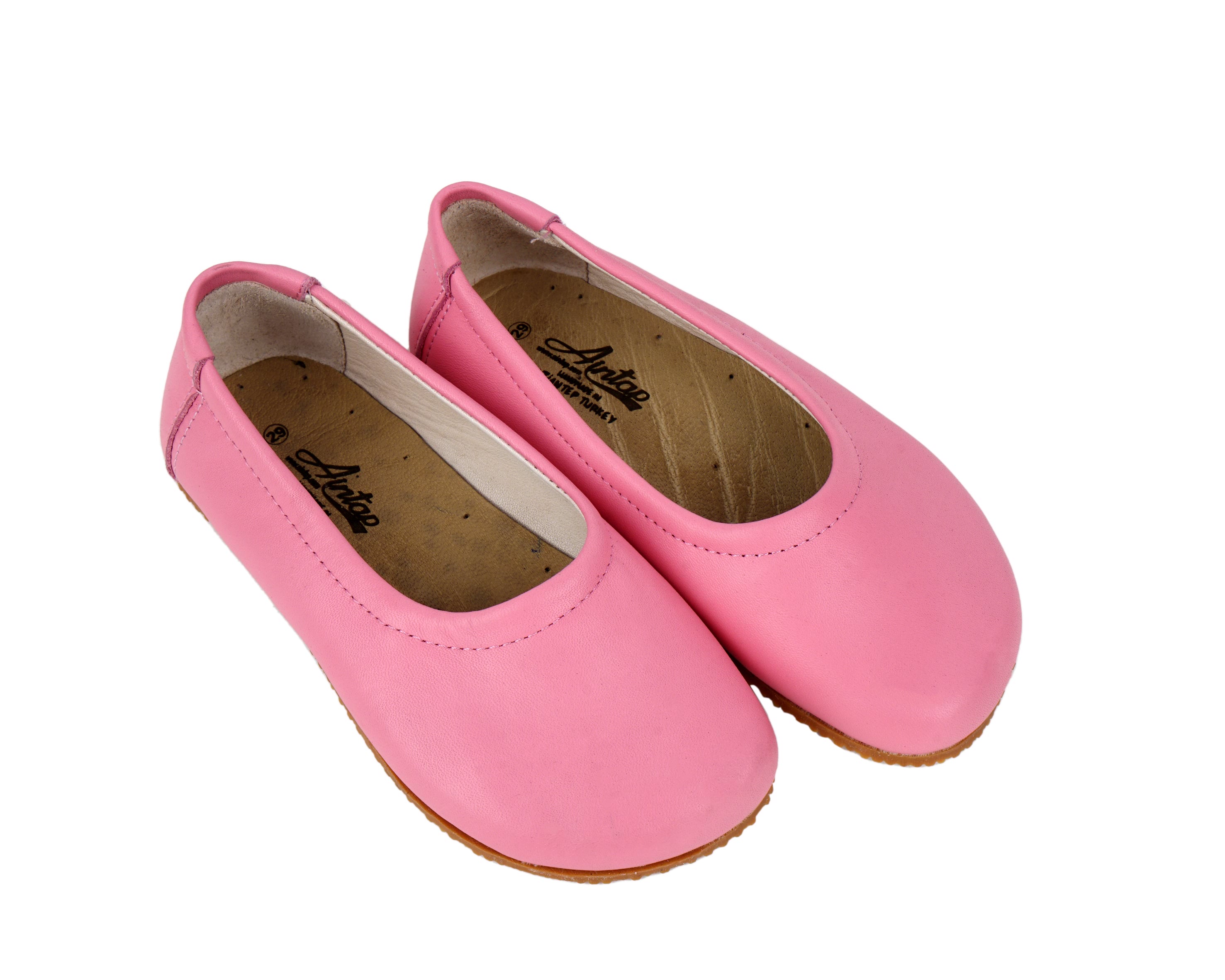 Pink Kids Flat Ballet Wide Barefoot Shoes Smooth Leather Handmade Leather & Rubber Sole