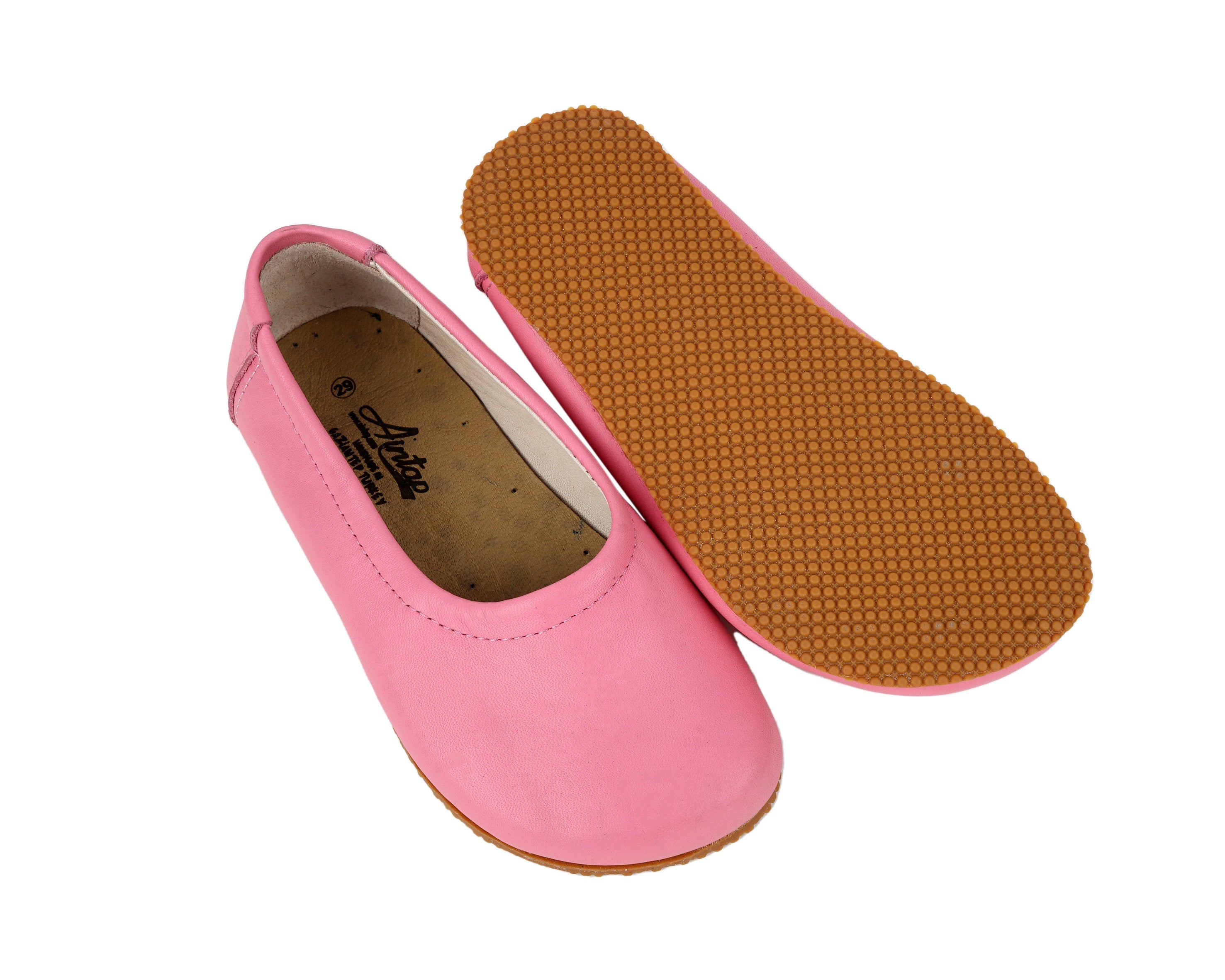 Pink Kids Flat Ballet Wide Barefoot Shoes Smooth Leather Handmade Leather & Rubber Sole