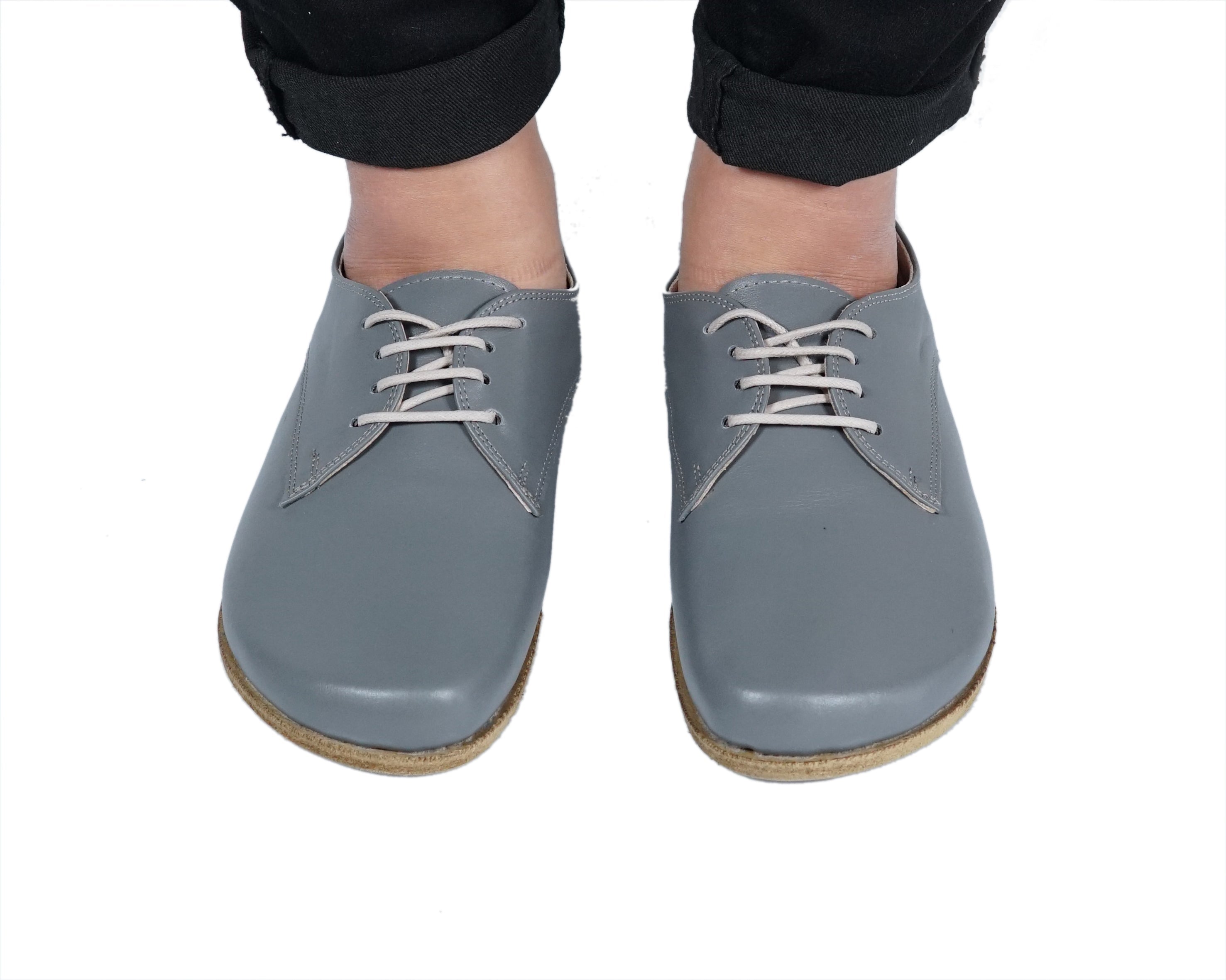 Gray Oxford Wide Barefoot Smooth Leather Handmade Classic Shoes 