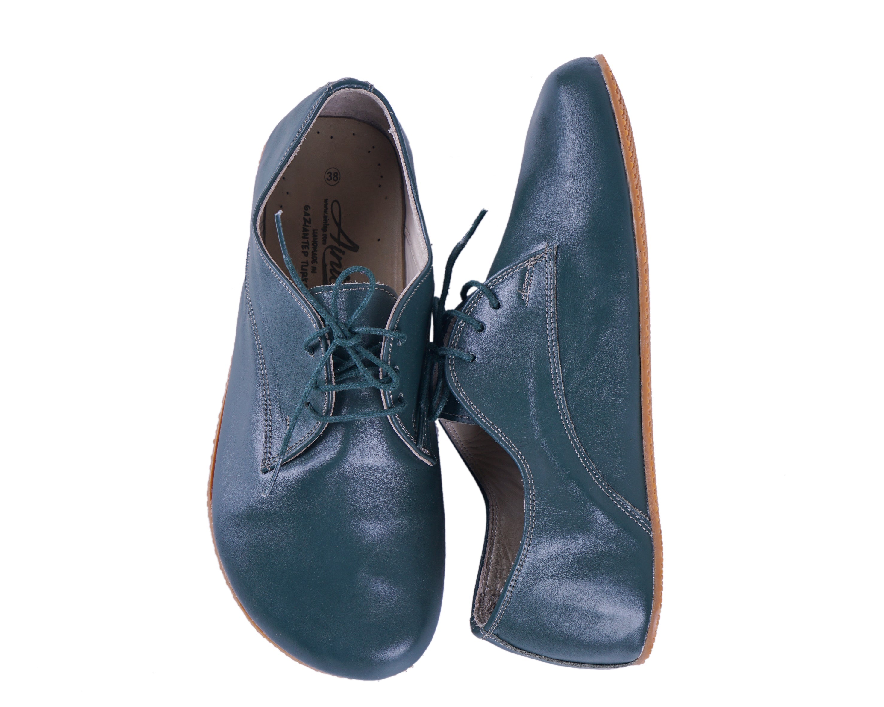 Green Oxford Wide Barefoot Shoes Smooth Leather Handmade 4mm Rubber Outsole 