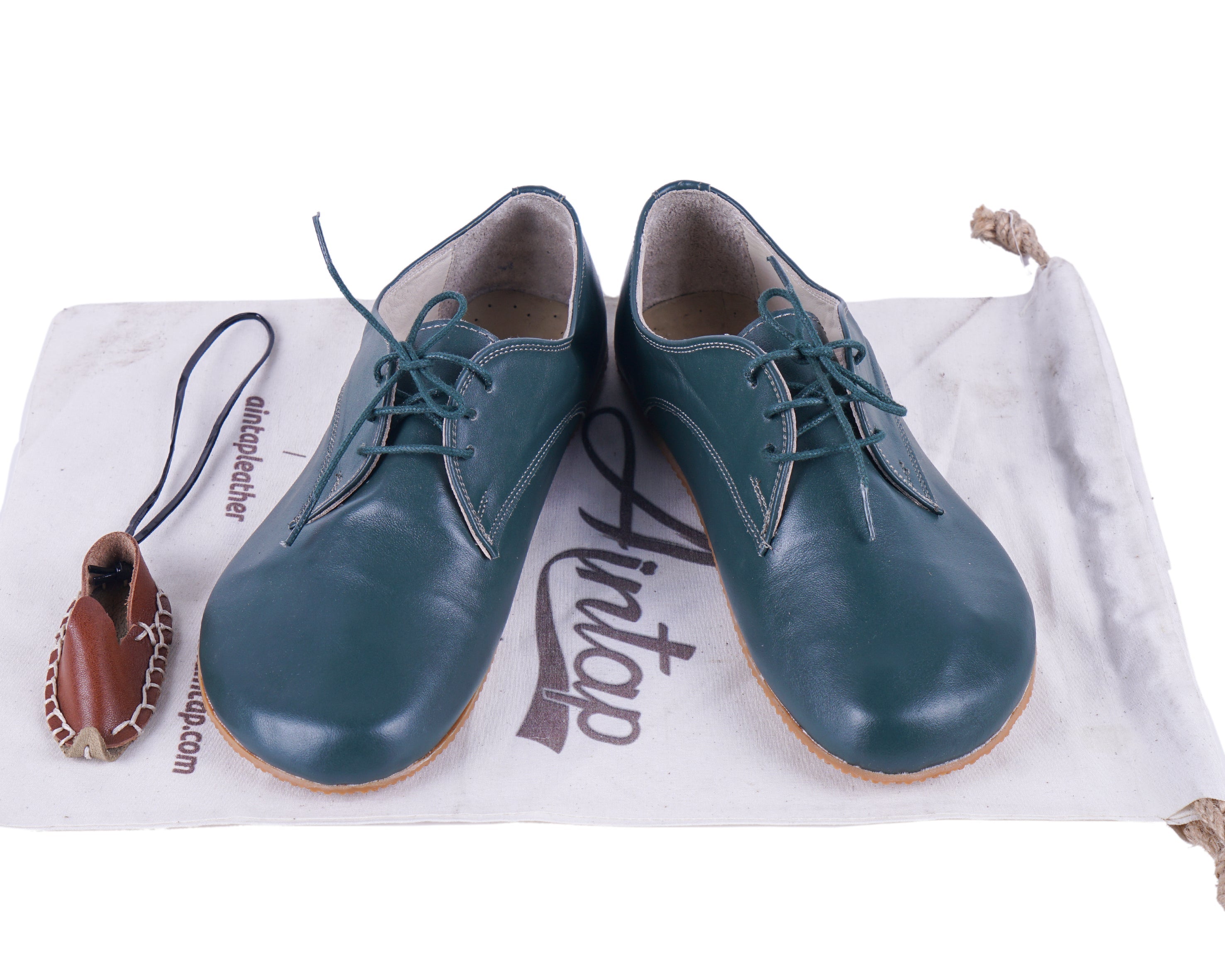 Green Oxford Wide Barefoot Shoes Smooth Leather Handmade 4mm Rubber Outsole 
